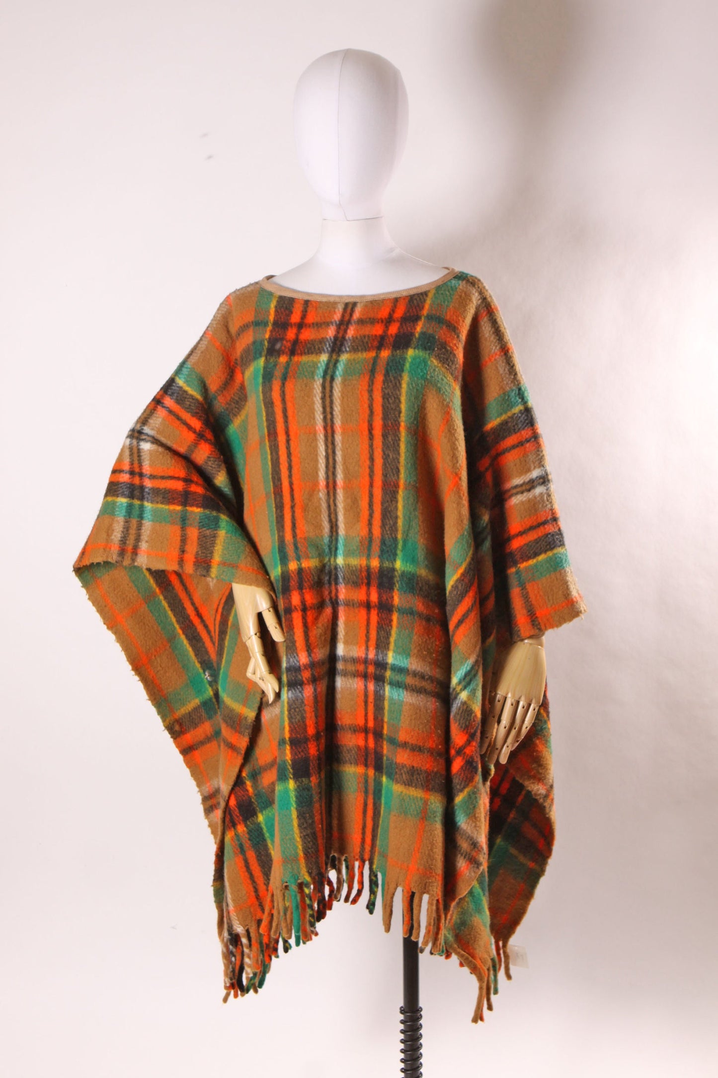 1960s Orange, Black and Green Plaid Fringe Hem Fall Poncho