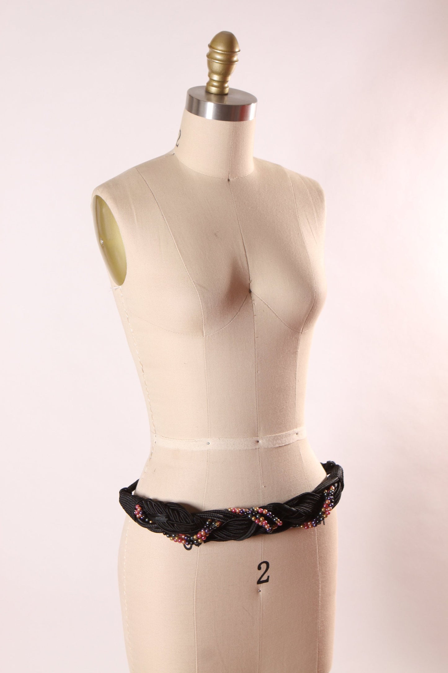 1980s Black Dark Pink Beaded Woven Belt
