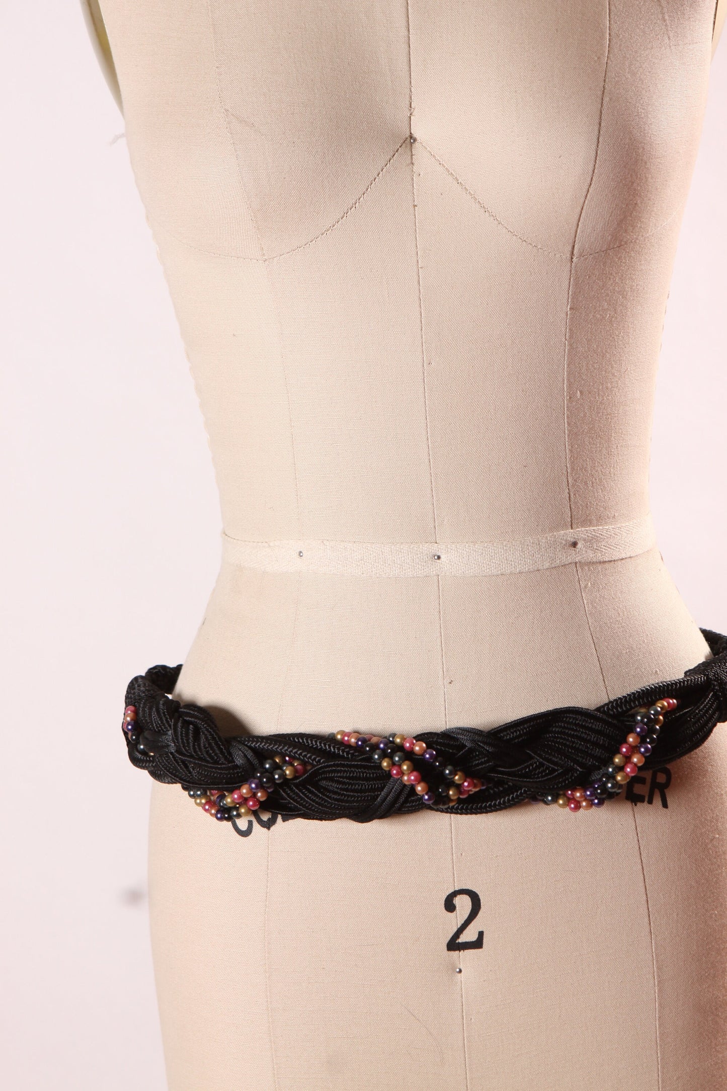 1980s Black Dark Pink Beaded Woven Belt