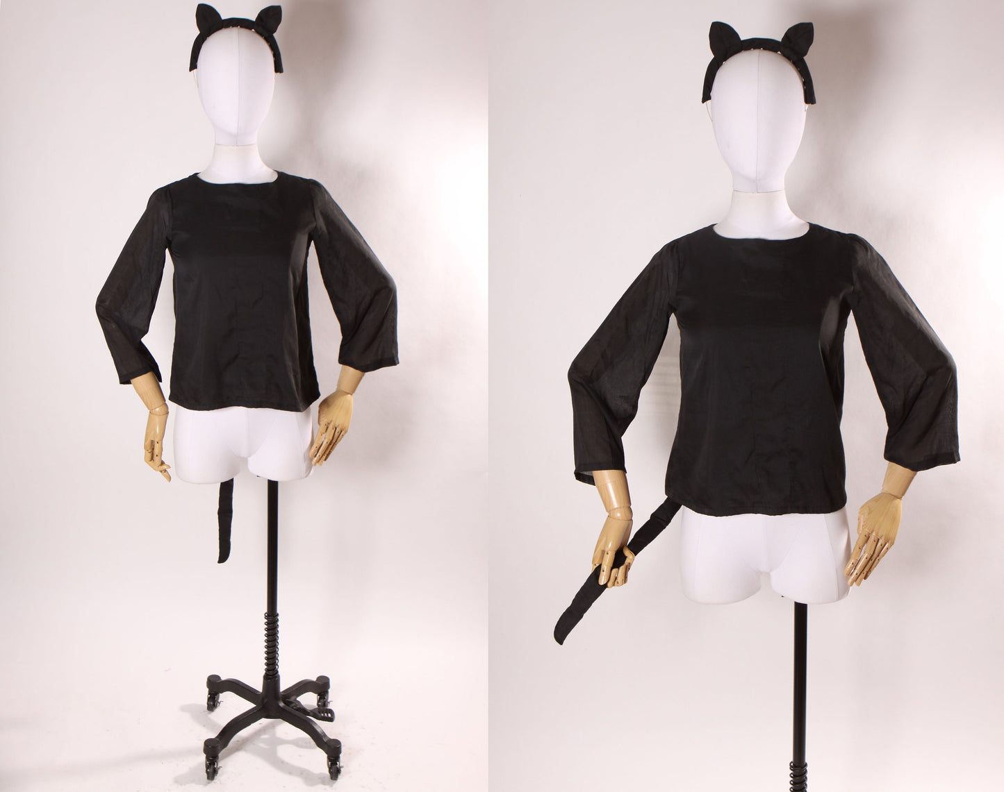 1970s Black Cat Long Sleeve Blouse with Cat Ear Headband Halloween Costume -S