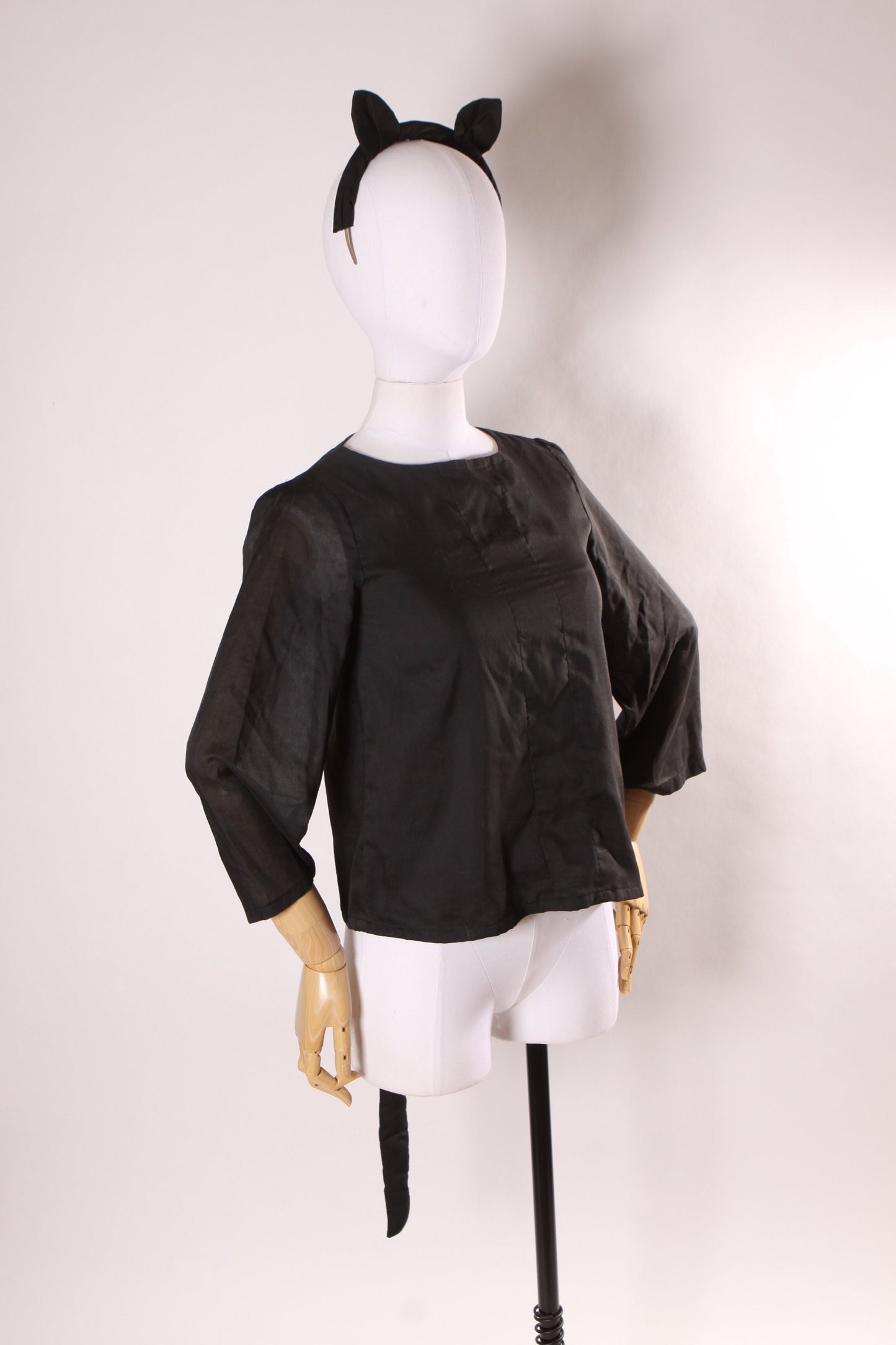 1970s Black Cat Long Sleeve Blouse with Cat Ear Headband Halloween Costume -S