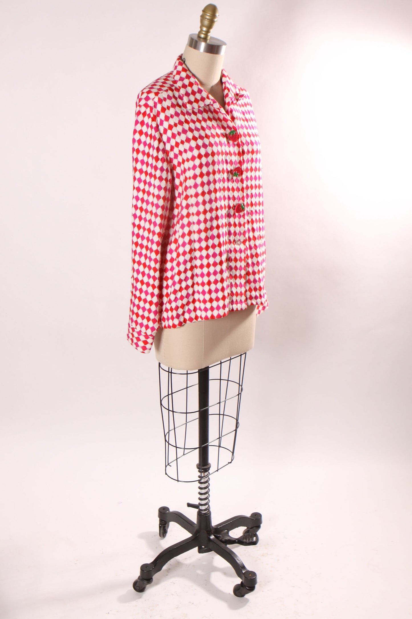 Late 1960s Early 1970s Pink, Red and White Harlequin Square Print Long Sleeve Strawberry Button Covers Blouse -L