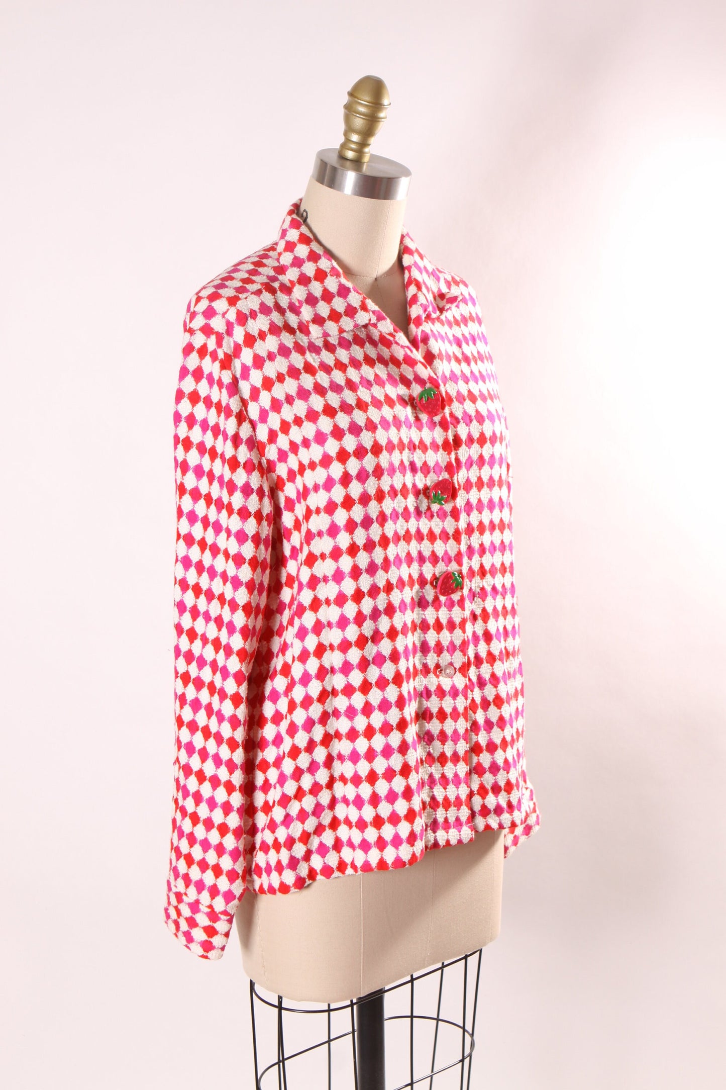 Late 1960s Early 1970s Pink, Red and White Harlequin Square Print Long Sleeve Strawberry Button Covers Blouse -L