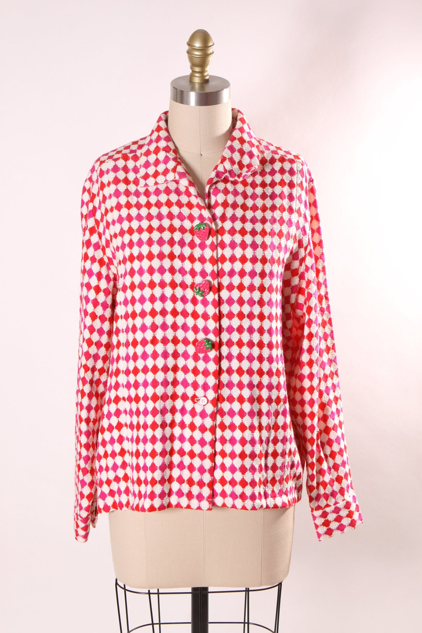 Late 1960s Early 1970s Pink, Red and White Harlequin Square Print Long Sleeve Strawberry Button Covers Blouse -L