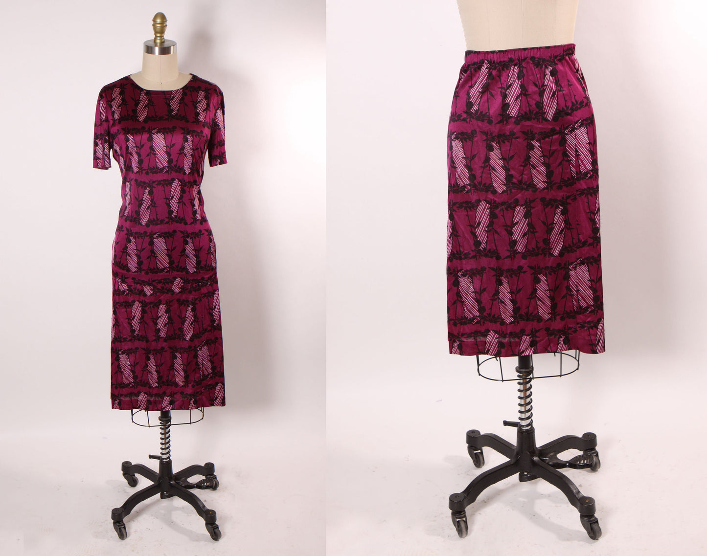 1970s Dark Magenta and Black Short Sleeve Gothic Style Black Rose Coffin Shape Print Shirt Blouse with Matching Skirt Two Piece Outfit -M