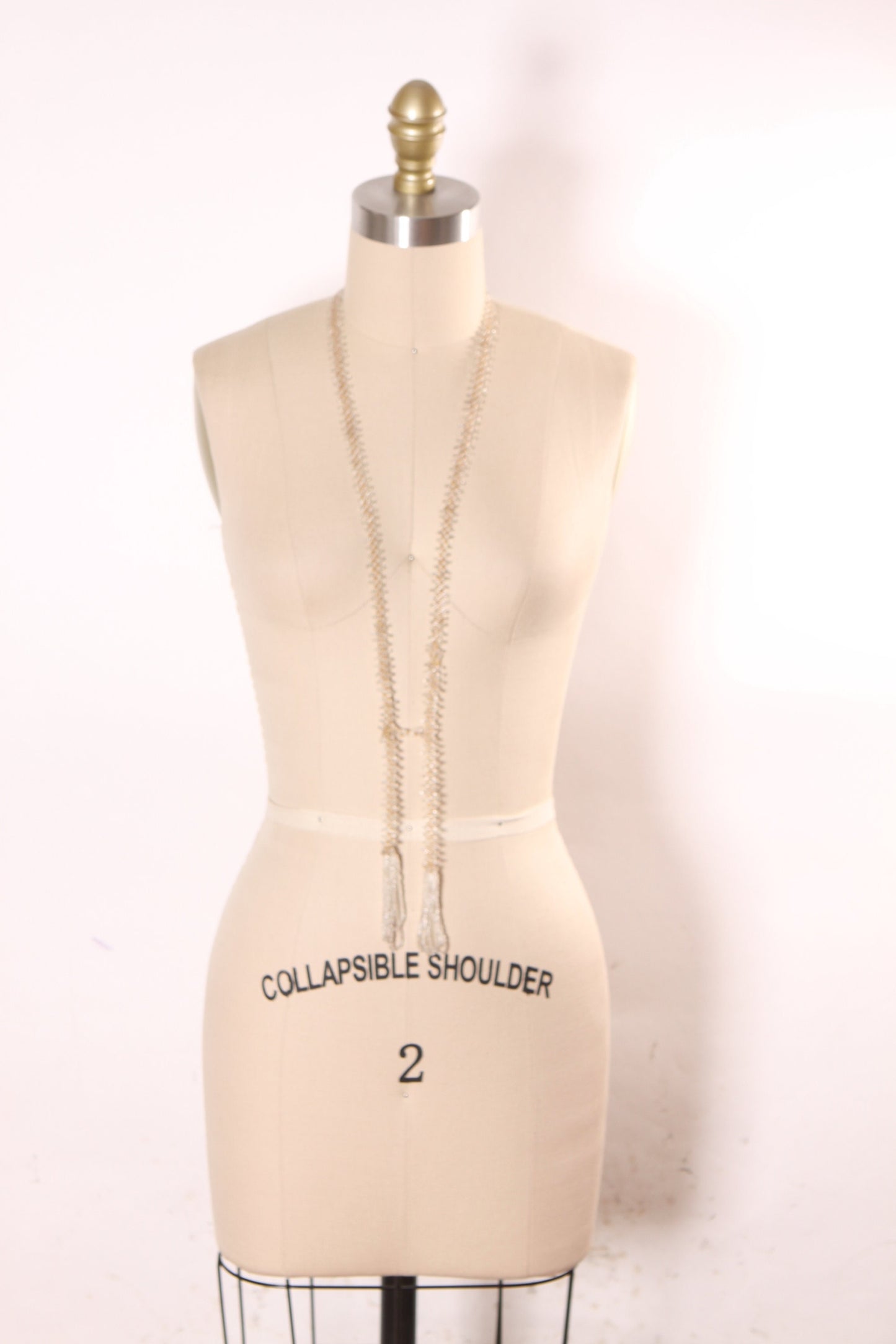 1920s Glass Beaded Off White Clear Flapper Tassel Fringe Necklace