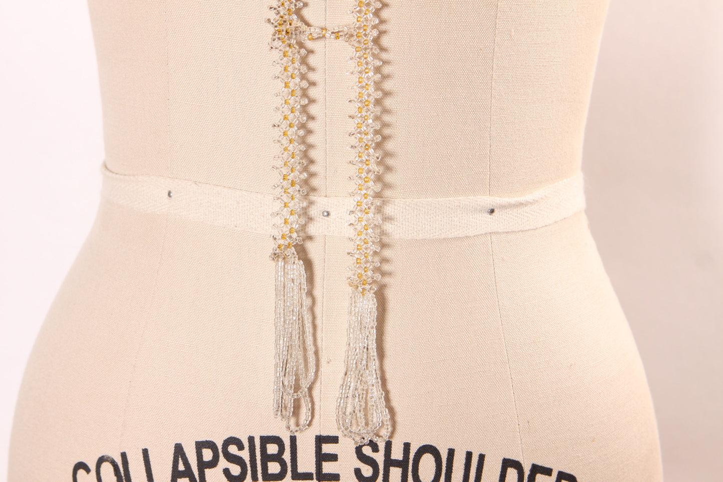 1920s Glass Beaded Off White Clear Flapper Tassel Fringe Necklace