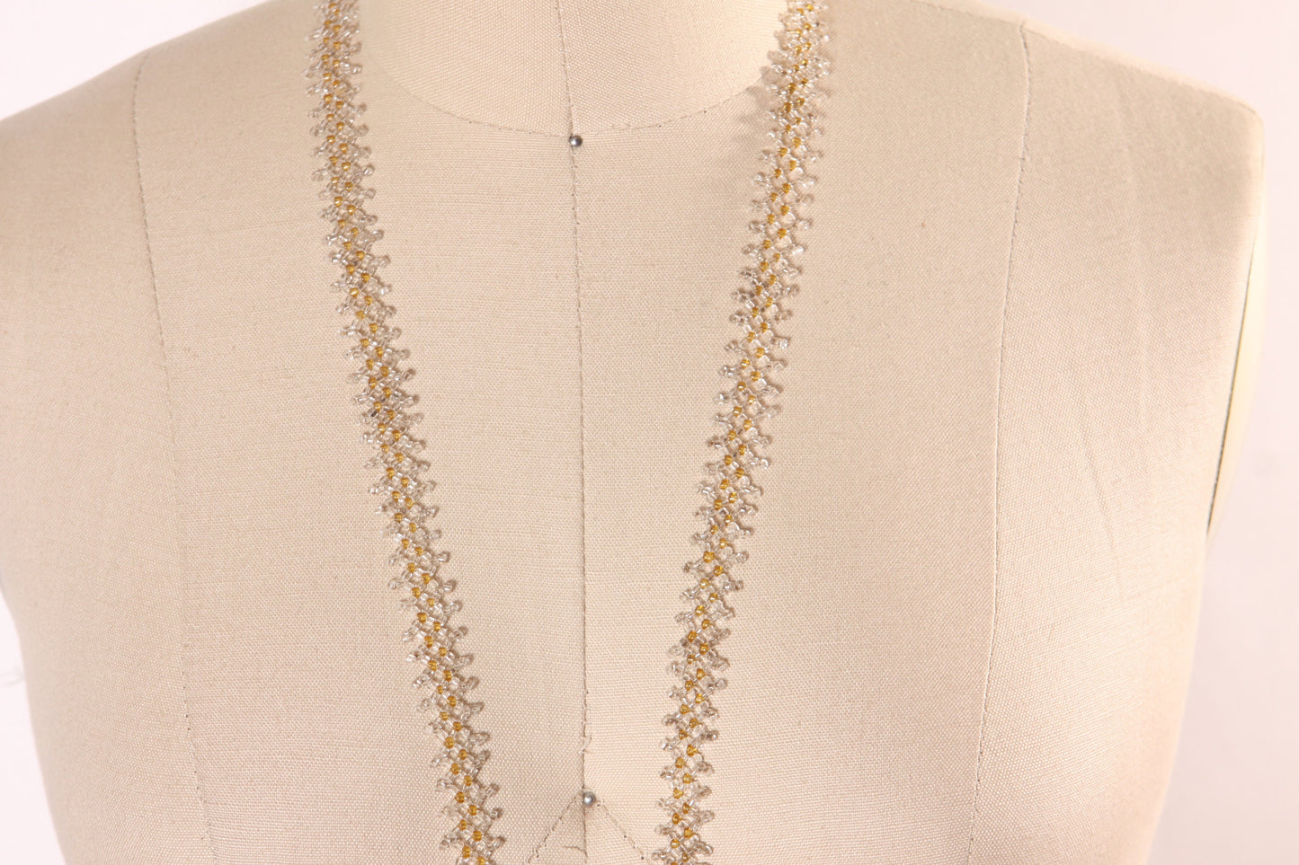 1920s Glass Beaded Off White Clear Flapper Tassel Fringe Necklace