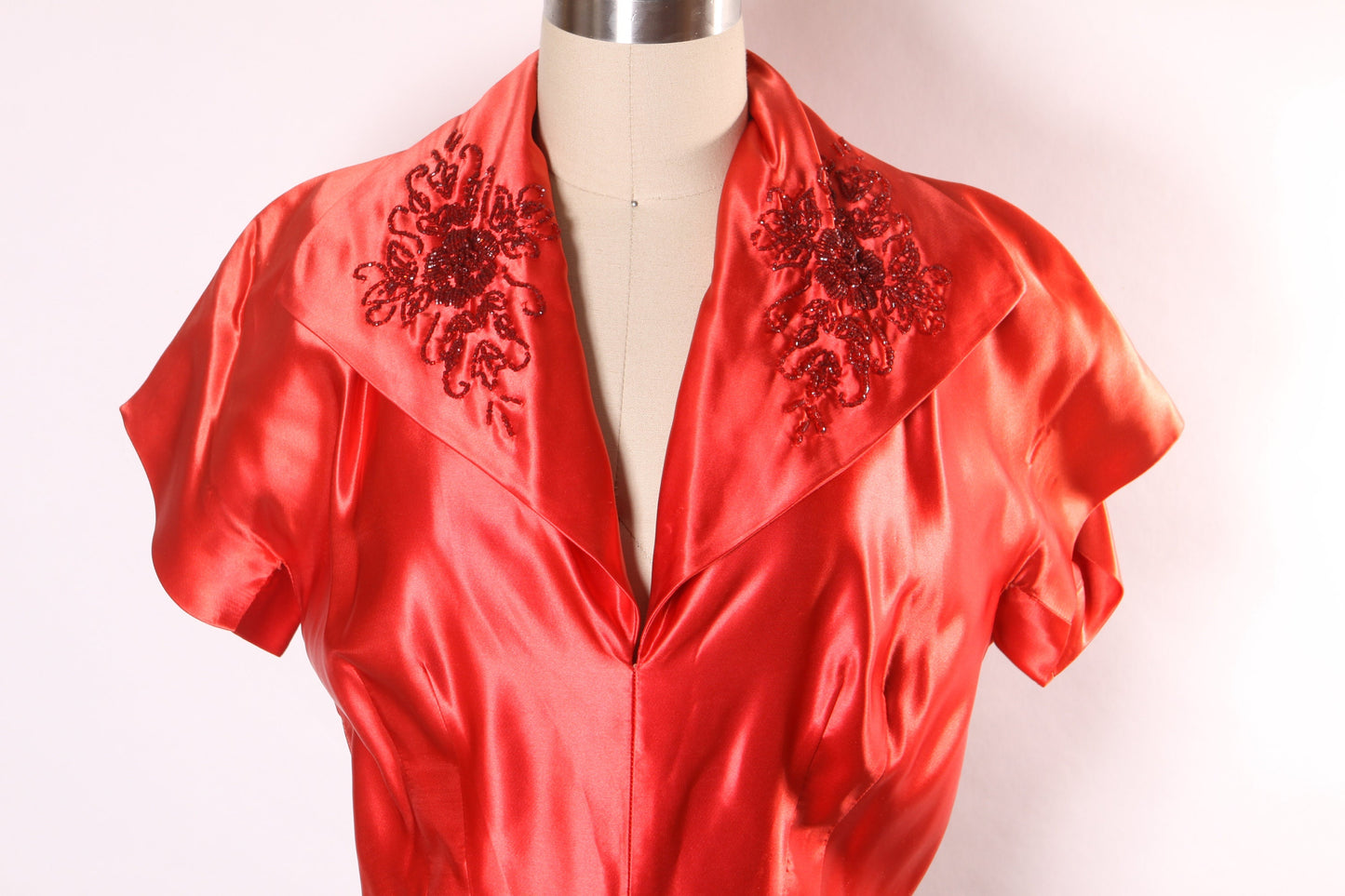 1940s Red Satin and Black Short Sleeve Floral Rose Beaded Draped Hip Dress by Rembrandt -M