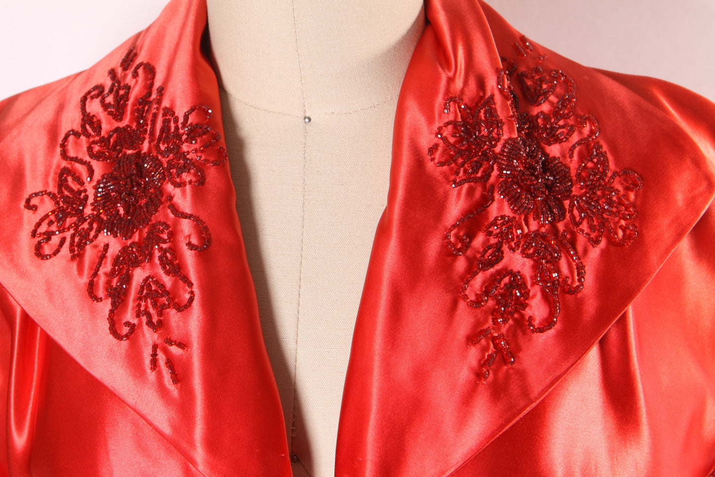 1940s Red Satin and Black Short Sleeve Floral Rose Beaded Draped Hip Dress by Rembrandt -M