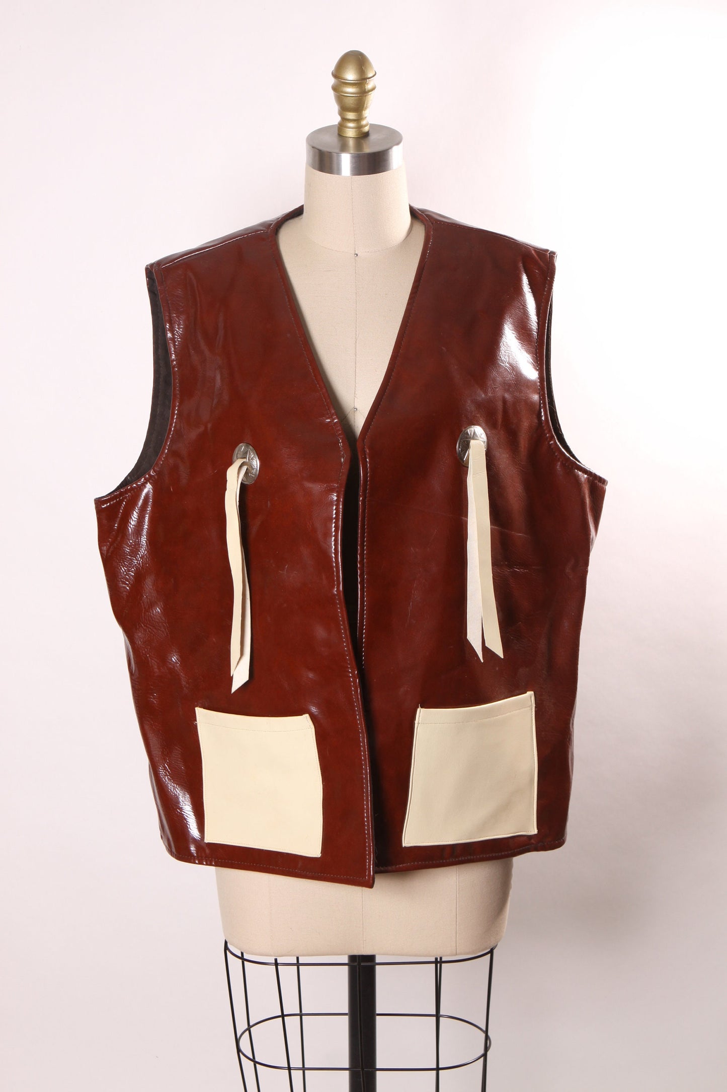 1970s 1980s Burgundy and White Vinyl Novelty Veterans Motorcycle Club Womens Western Style Gray Lady Vest -2XL