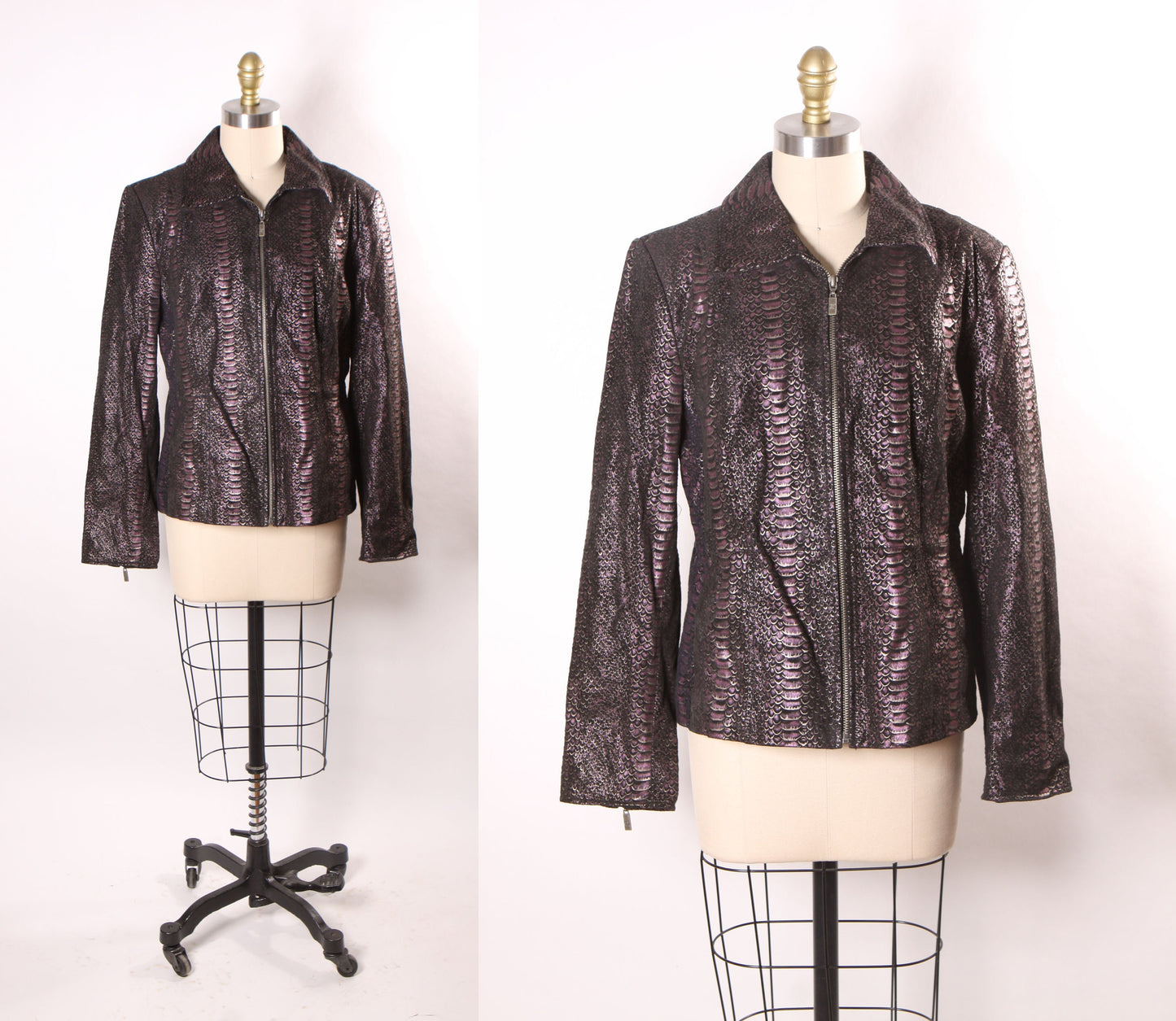 1990s 2000s Y2K Purple, Black and Silver Metallic Suede Leather Reptile Animal Print Long Sleeve Zip Up Jacket by Pamela McCoy -S