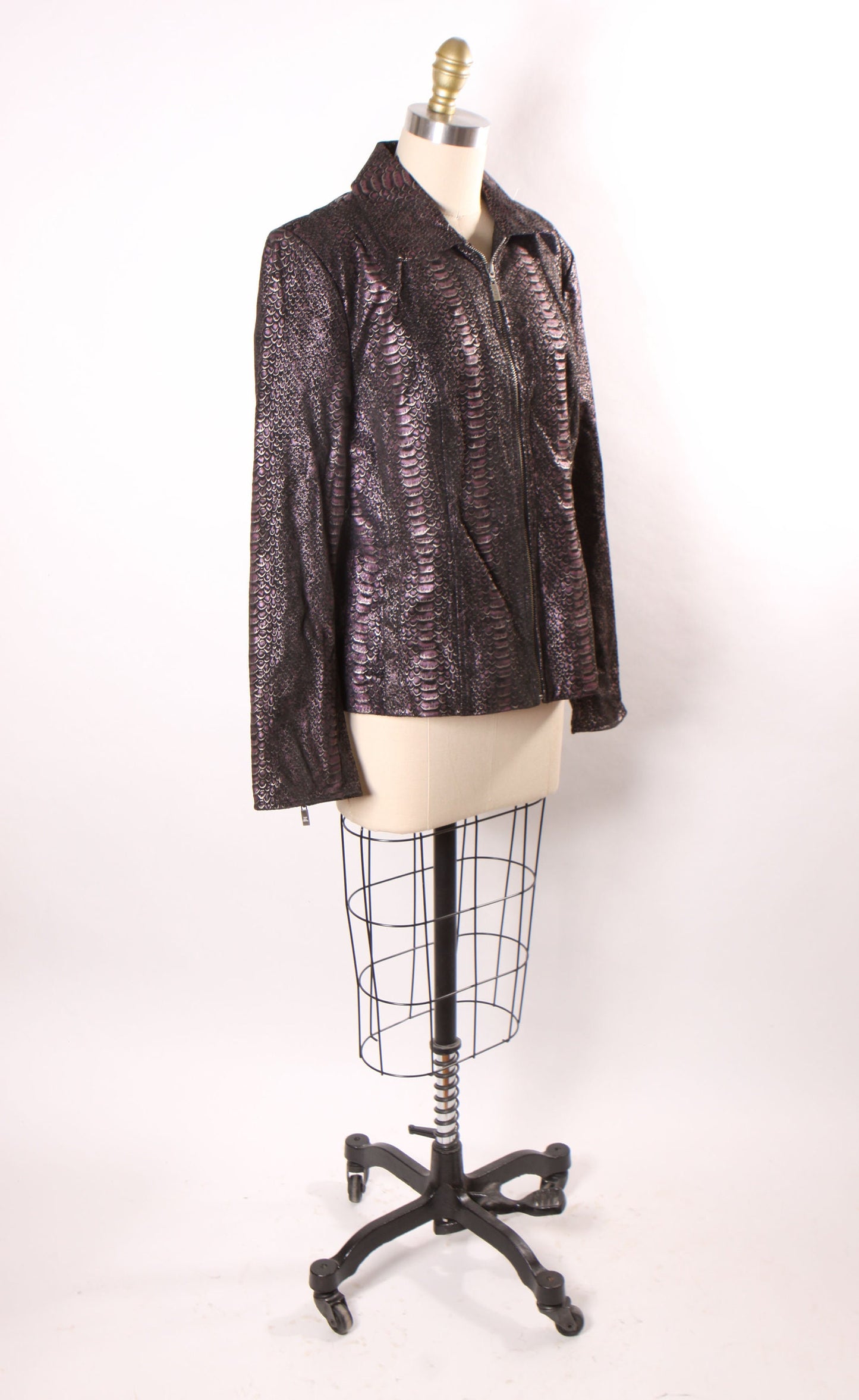 1990s 2000s Y2K Purple, Black and Silver Metallic Suede Leather Reptile Animal Print Long Sleeve Zip Up Jacket by Pamela McCoy -S