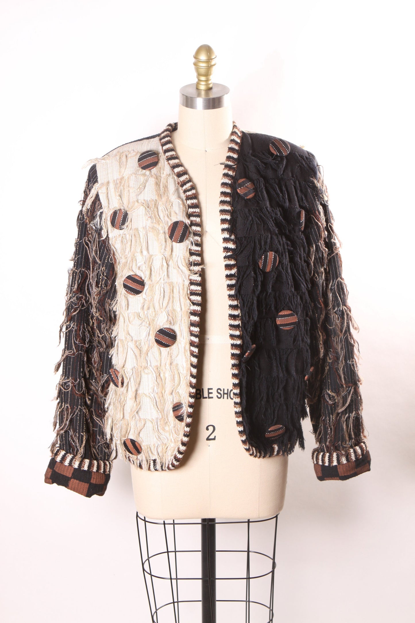 1980s Black, Cream and Tan Fringe Open Front Oversized Button Long Sleeve Color Block Jacket by Crystal