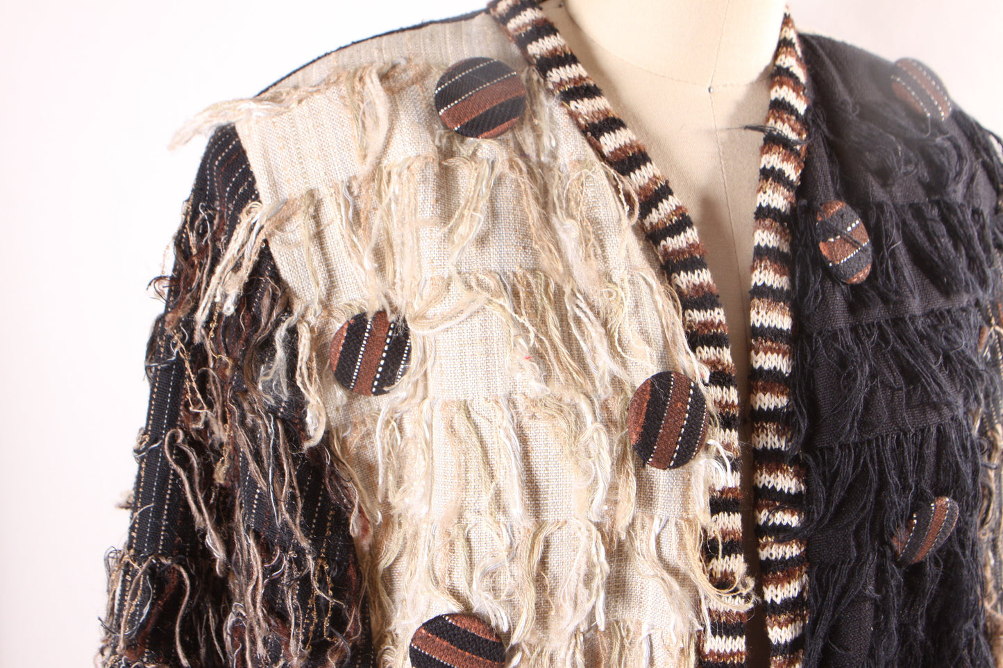 1980s Black, Cream and Tan Fringe Open Front Oversized Button Long Sleeve Color Block Jacket by Crystal