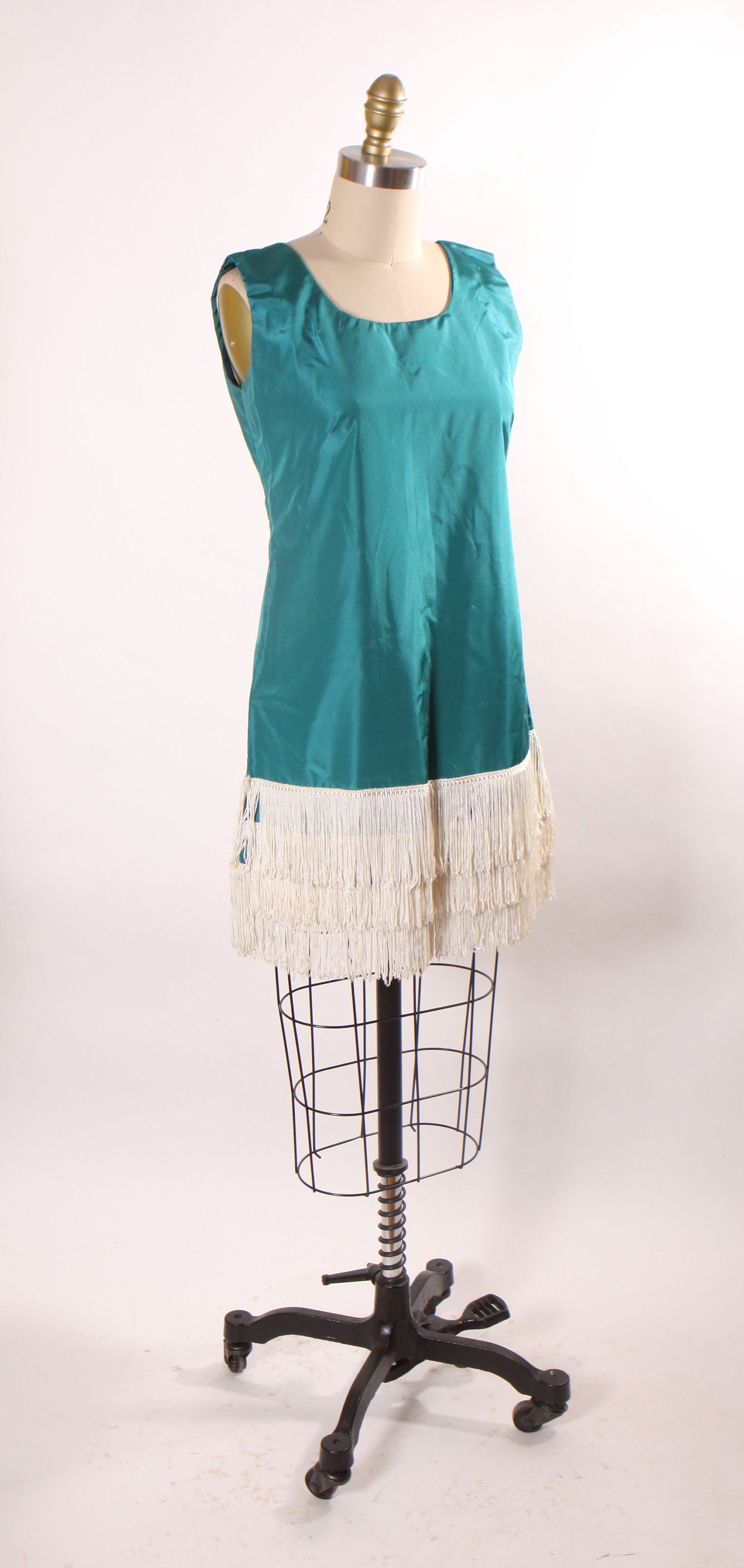 1960s Does 1920s Teal Blue Green Sleeveless White Fringe Flapper Dress