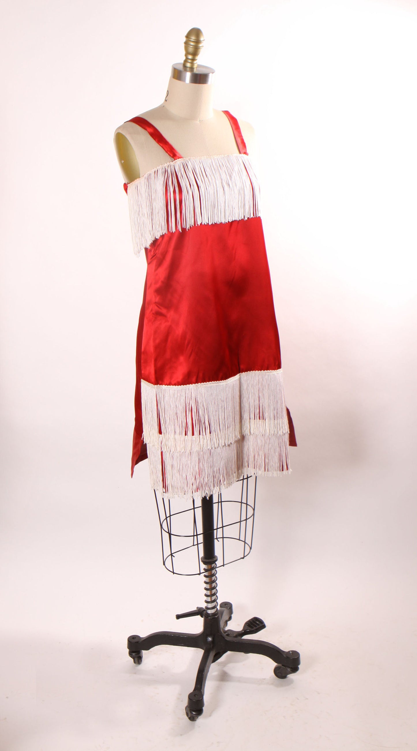 1960s Does 1920s Red Satin Style Sleeveless White Fringe Flapper Style Costume Dress