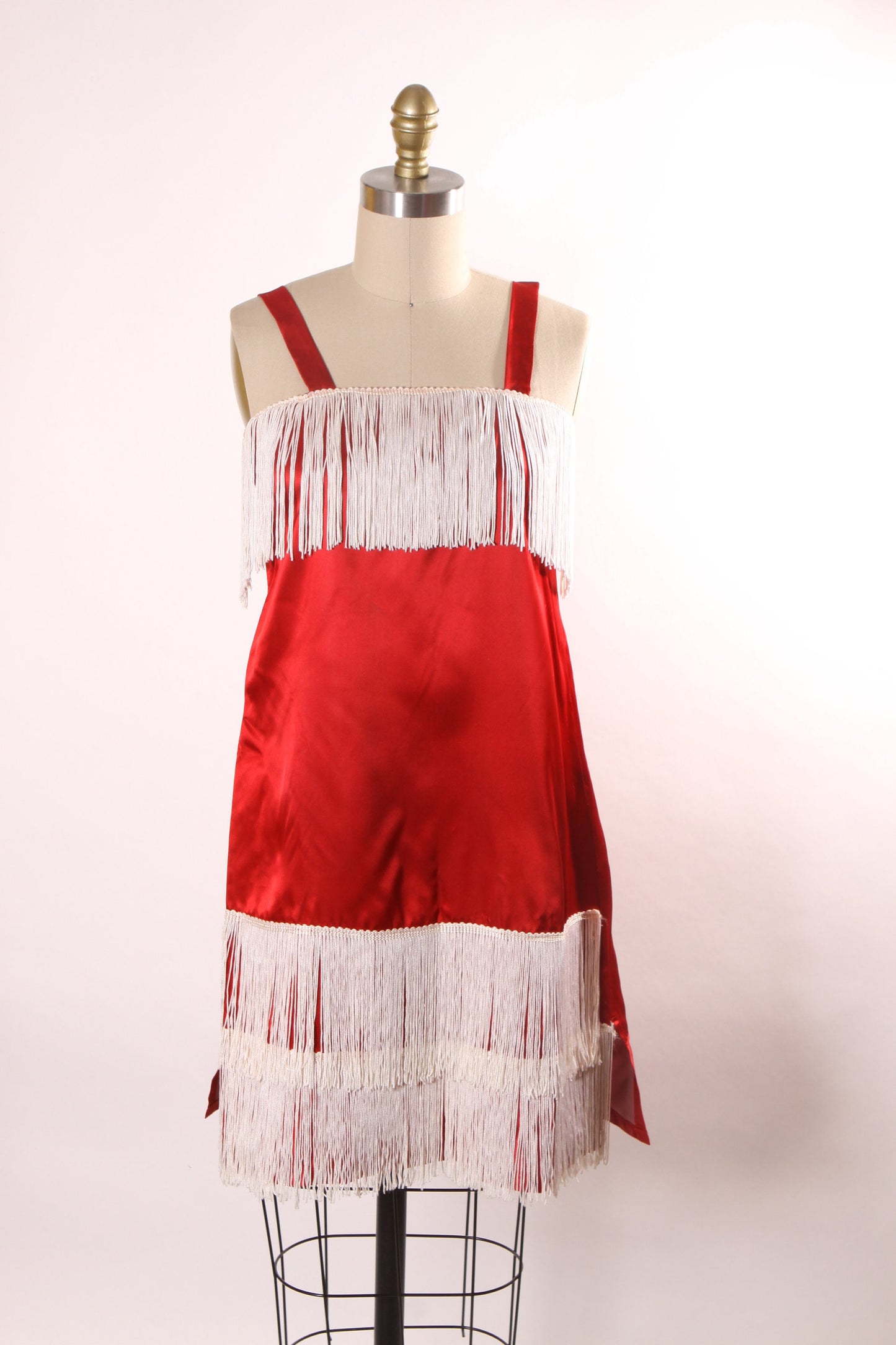 1960s Does 1920s Red Satin Style Sleeveless White Fringe Flapper Style Costume Dress