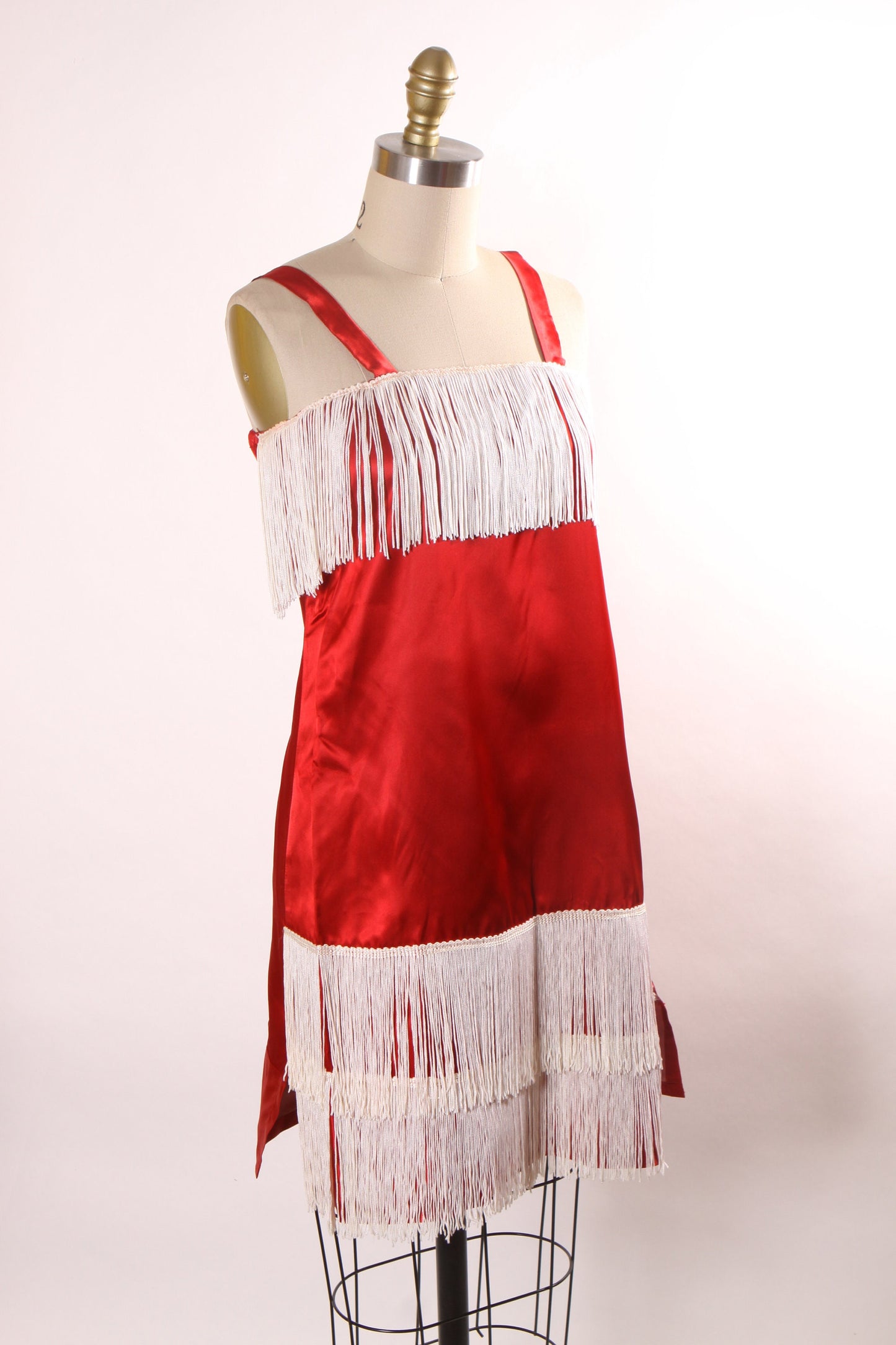 1960s Does 1920s Red Satin Style Sleeveless White Fringe Flapper Style Costume Dress