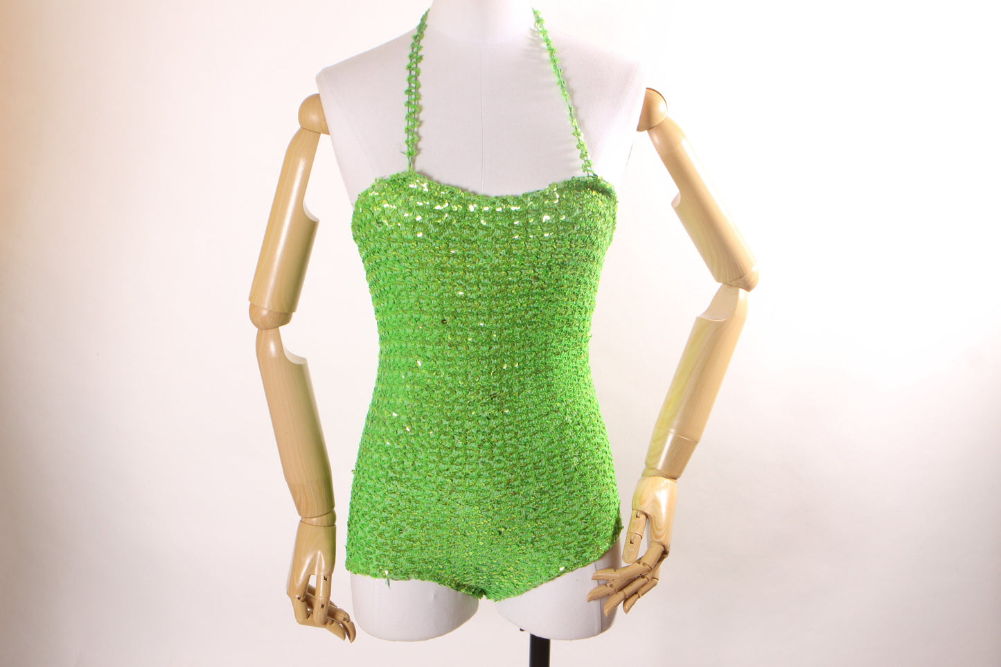 1960s Bright Green One Piece Stretchy Sequin Halter Neck Burlesque Showgirl Costume
