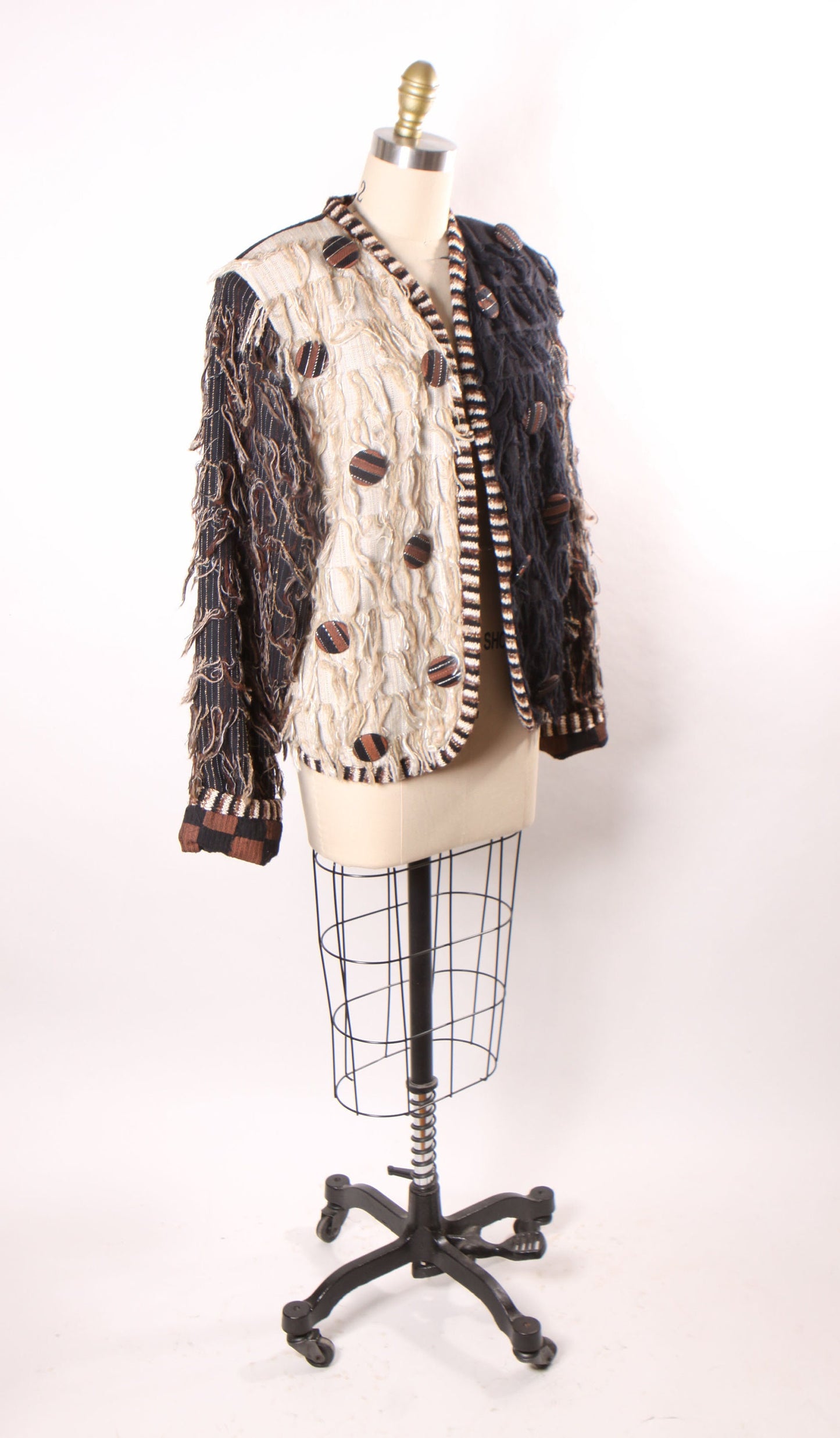 1980s Black, Cream and Tan Fringe Open Front Oversized Button Long Sleeve Color Block Jacket by Crystal