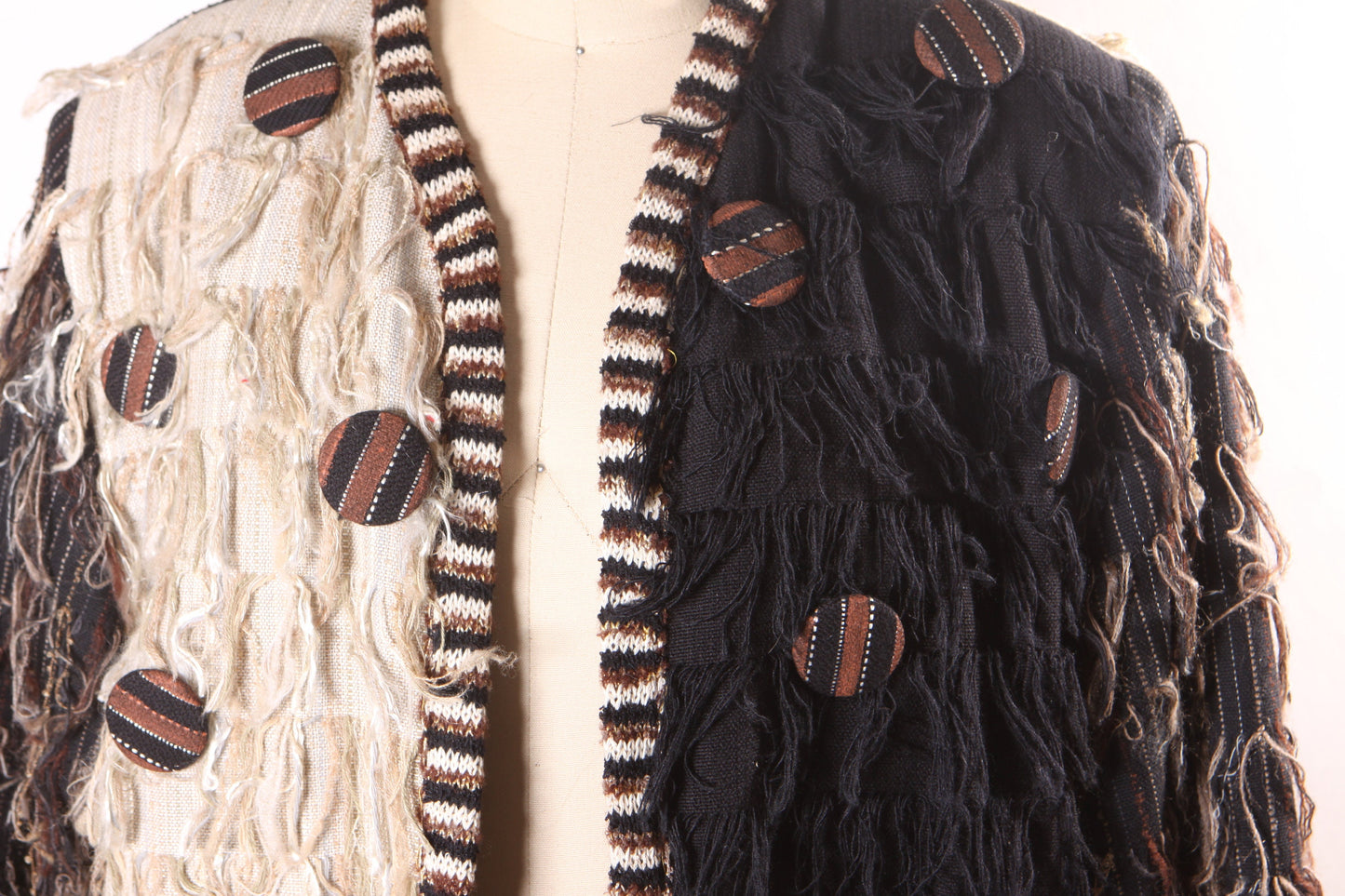 1980s Black, Cream and Tan Fringe Open Front Oversized Button Long Sleeve Color Block Jacket by Crystal