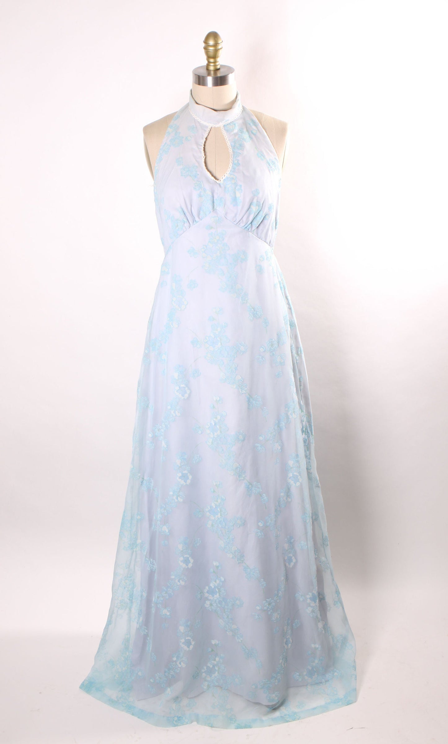 1970s Blue Sleeveless High Collared Neck Floral Velvet Smocked Full Length Dress with Matching Front Tie Bolero Jacket -S