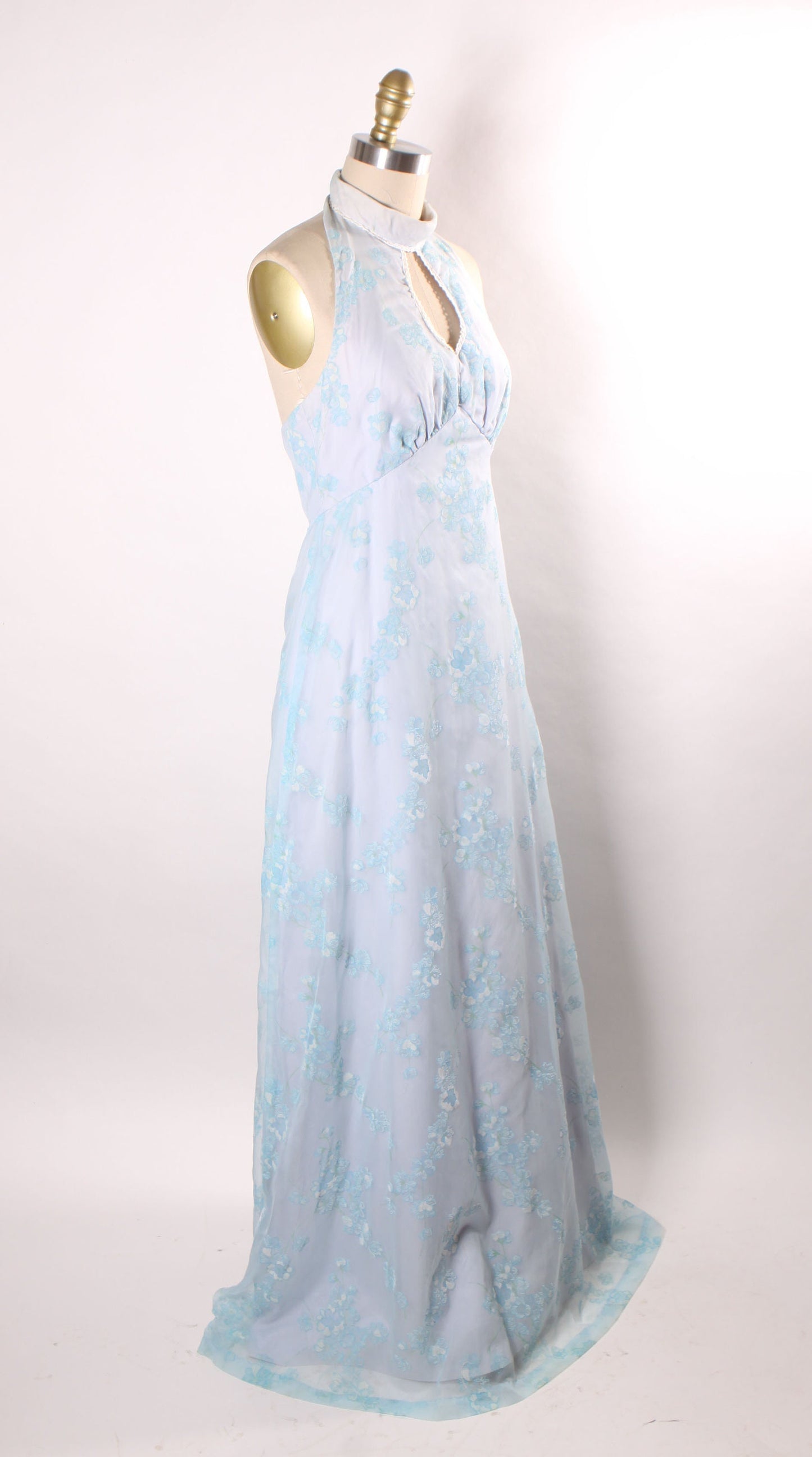 1970s Blue Sleeveless High Collared Neck Floral Velvet Smocked Full Length Dress with Matching Front Tie Bolero Jacket -S