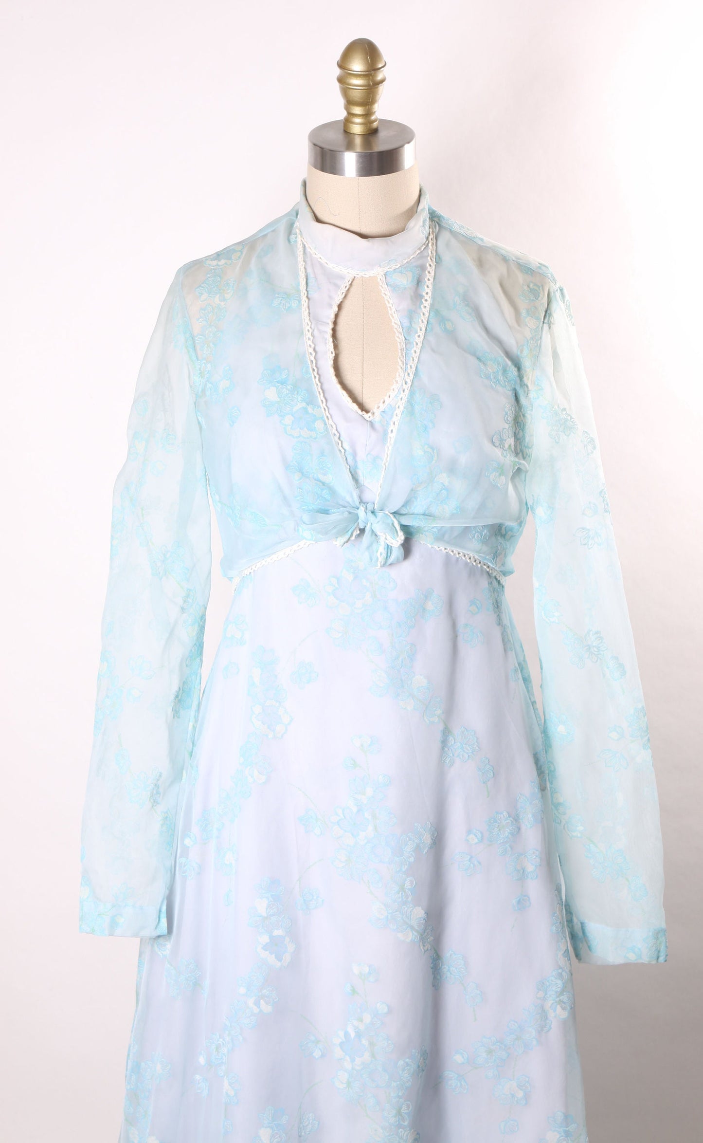1970s Blue Sleeveless High Collared Neck Floral Velvet Smocked Full Length Dress with Matching Front Tie Bolero Jacket -S