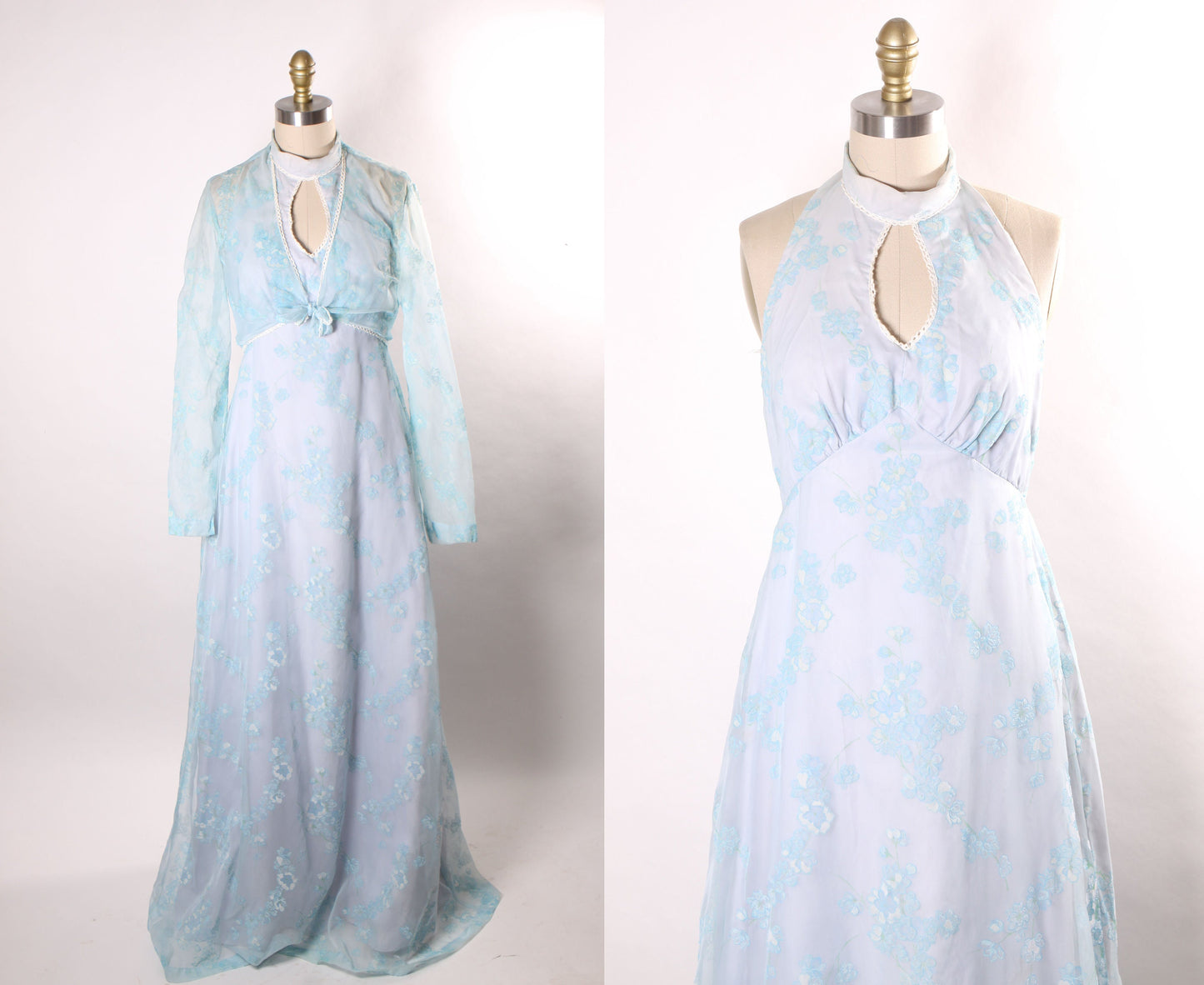 1970s Blue Sleeveless High Collared Neck Floral Velvet Smocked Full Length Dress with Matching Front Tie Bolero Jacket -S