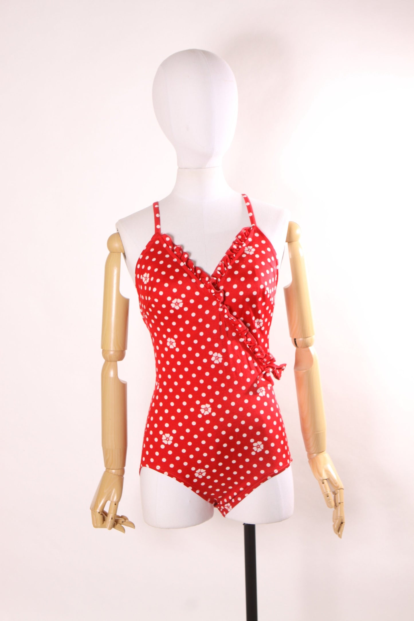 1970s Red and White Floral Criss Cross Back Polka Dot Ruffle One Piece Swimsuit by JCPenney -S