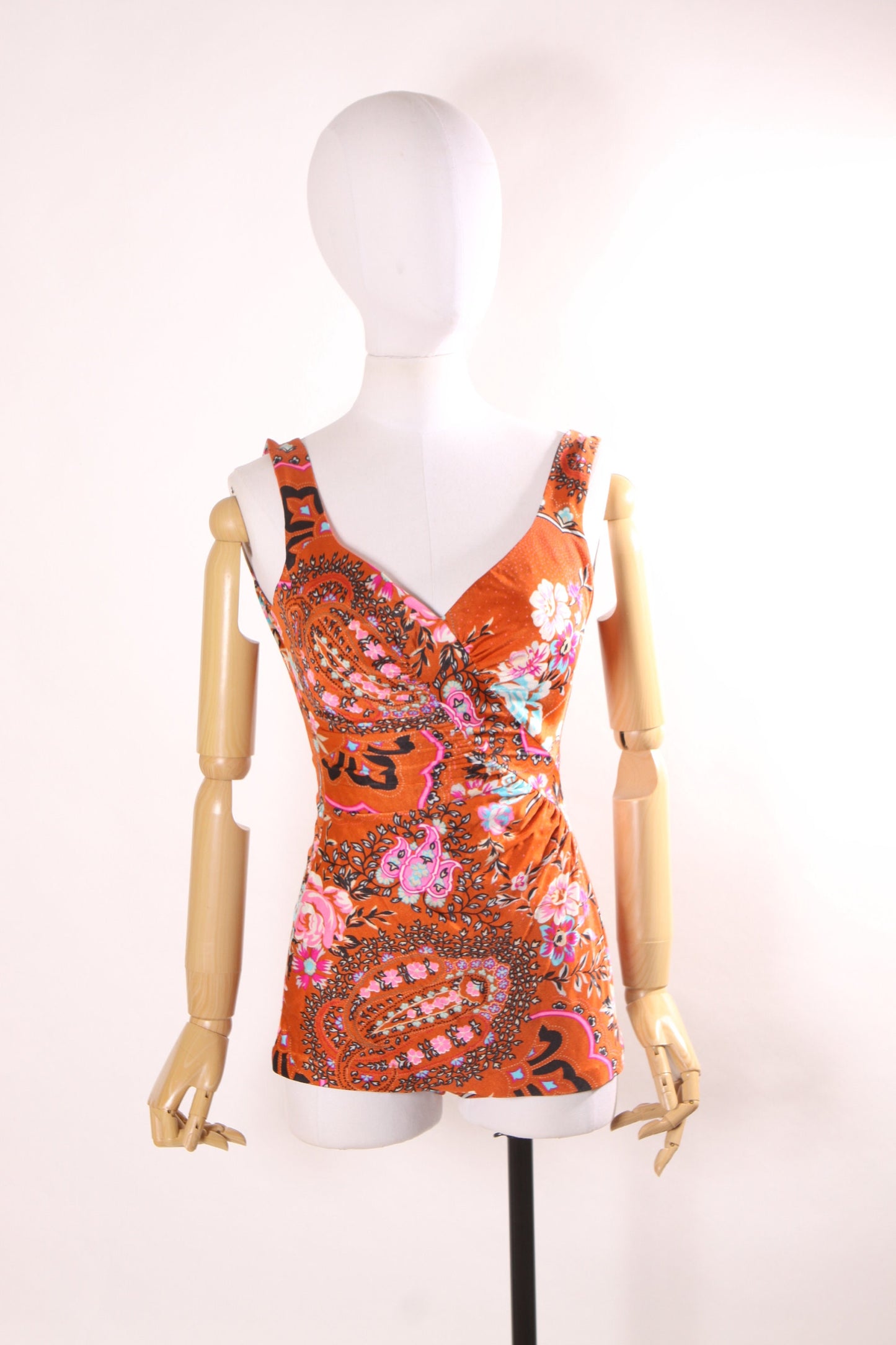 1970s Rust Brown and Pink Multi-Colored Floral One Piecd Swimsuit by Sirena -S