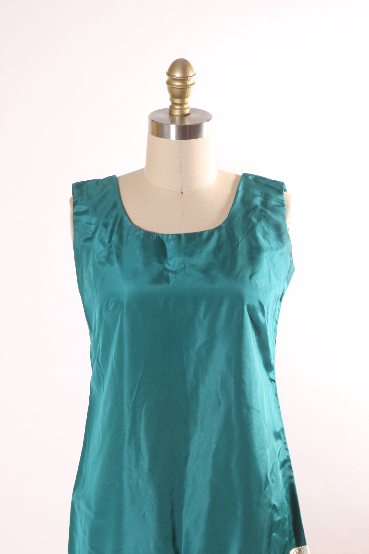 1960s Does 1920s Teal Blue Green Sleeveless White Fringe Flapper Dress