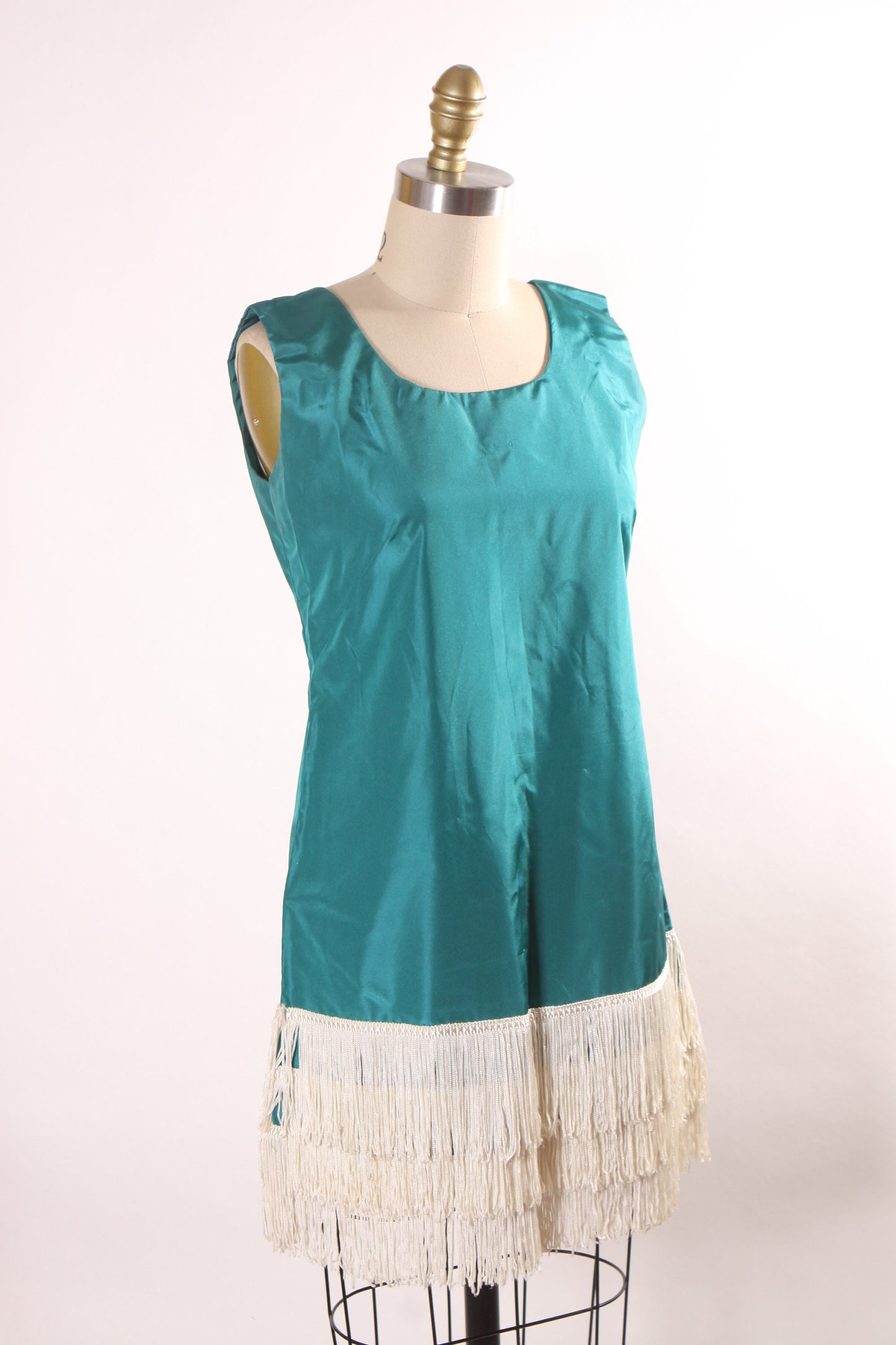 1960s Does 1920s Teal Blue Green Sleeveless White Fringe Flapper Dress