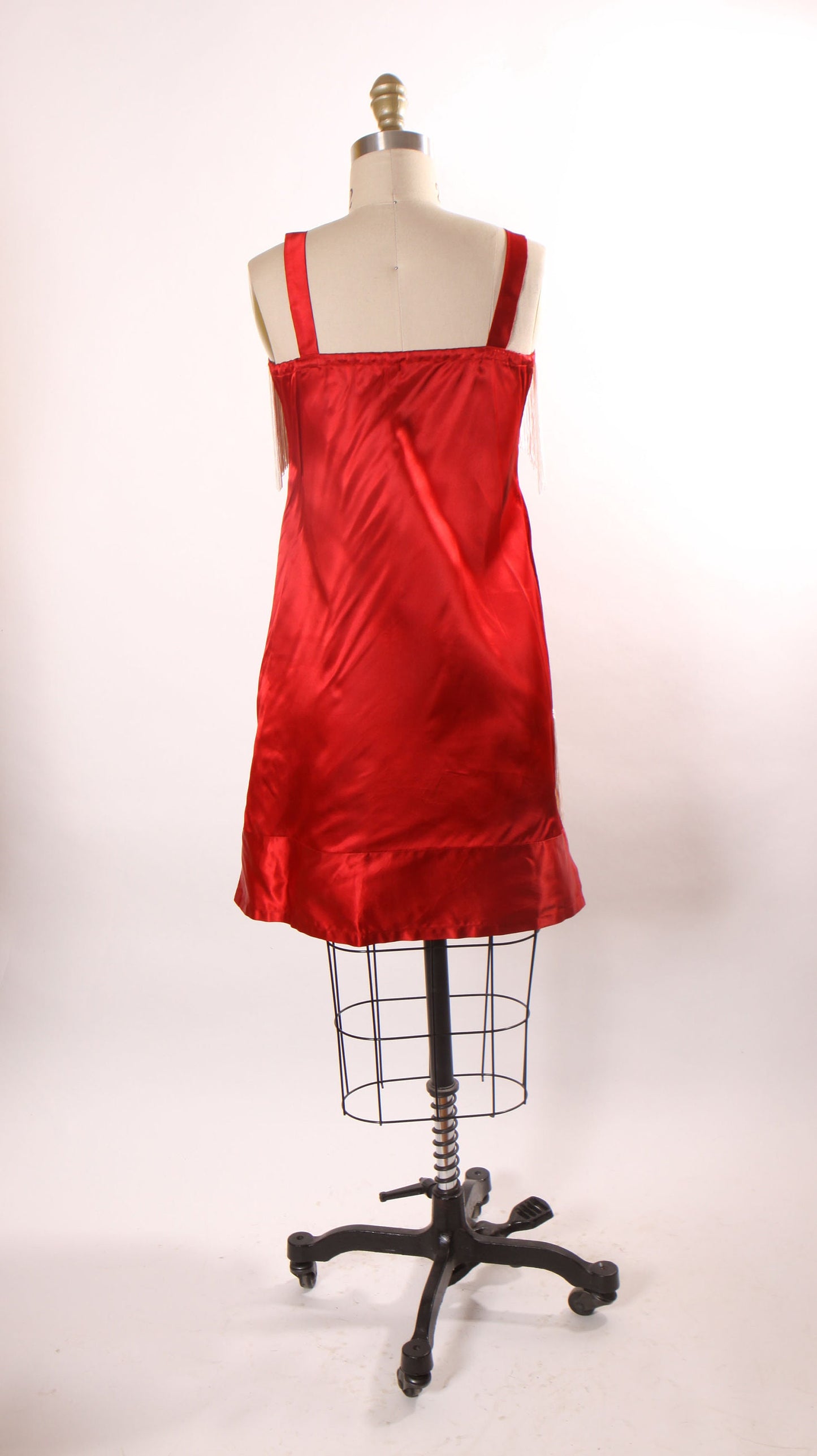 1960s Does 1920s Red Satin Style Sleeveless White Fringe Flapper Style Costume Dress