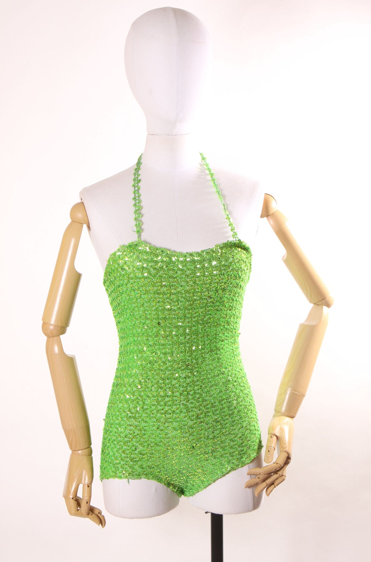1960s Bright Green One Piece Stretchy Sequin Halter Neck Burlesque Showgirl Costume