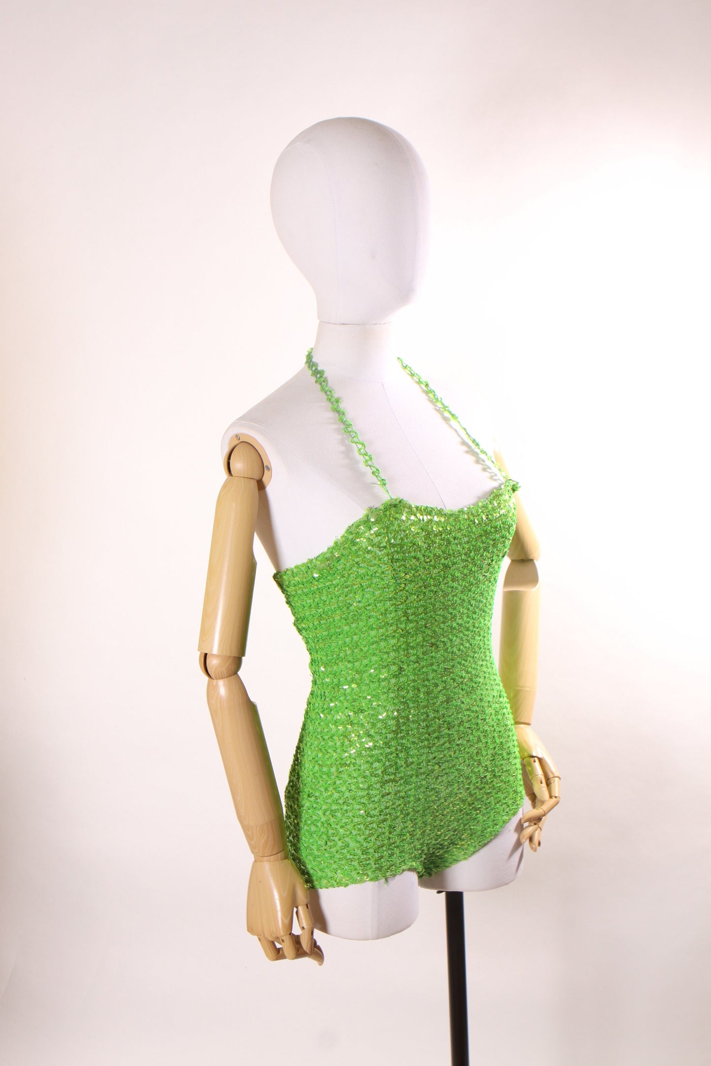 1960s Bright Green One Piece Stretchy Sequin Halter Neck Burlesque Showgirl Costume