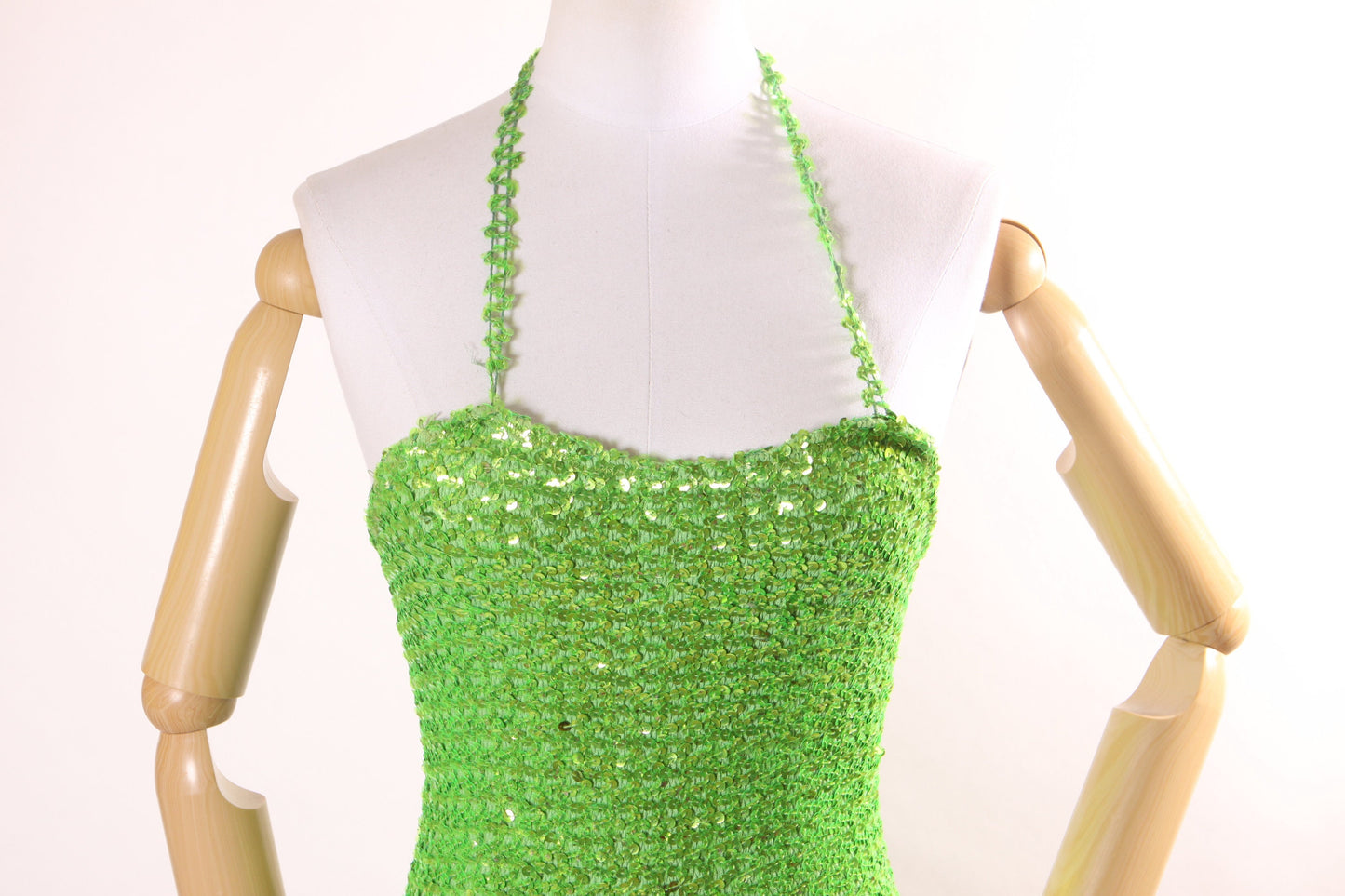 1960s Bright Green One Piece Stretchy Sequin Halter Neck Burlesque Showgirl Costume