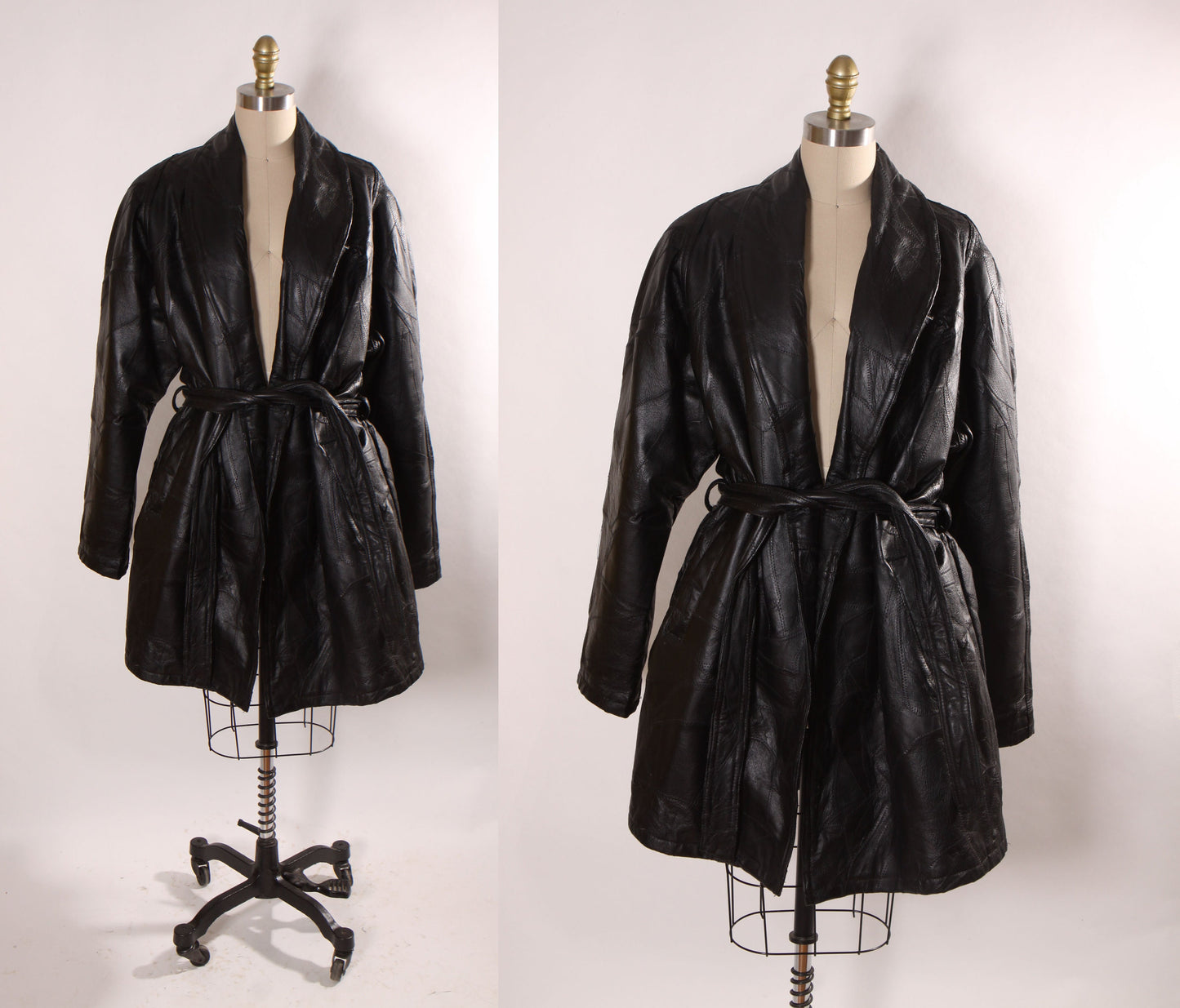 1980s Black Leather Patchwork Long Sleeve Plus Size Belted Coat -XXL