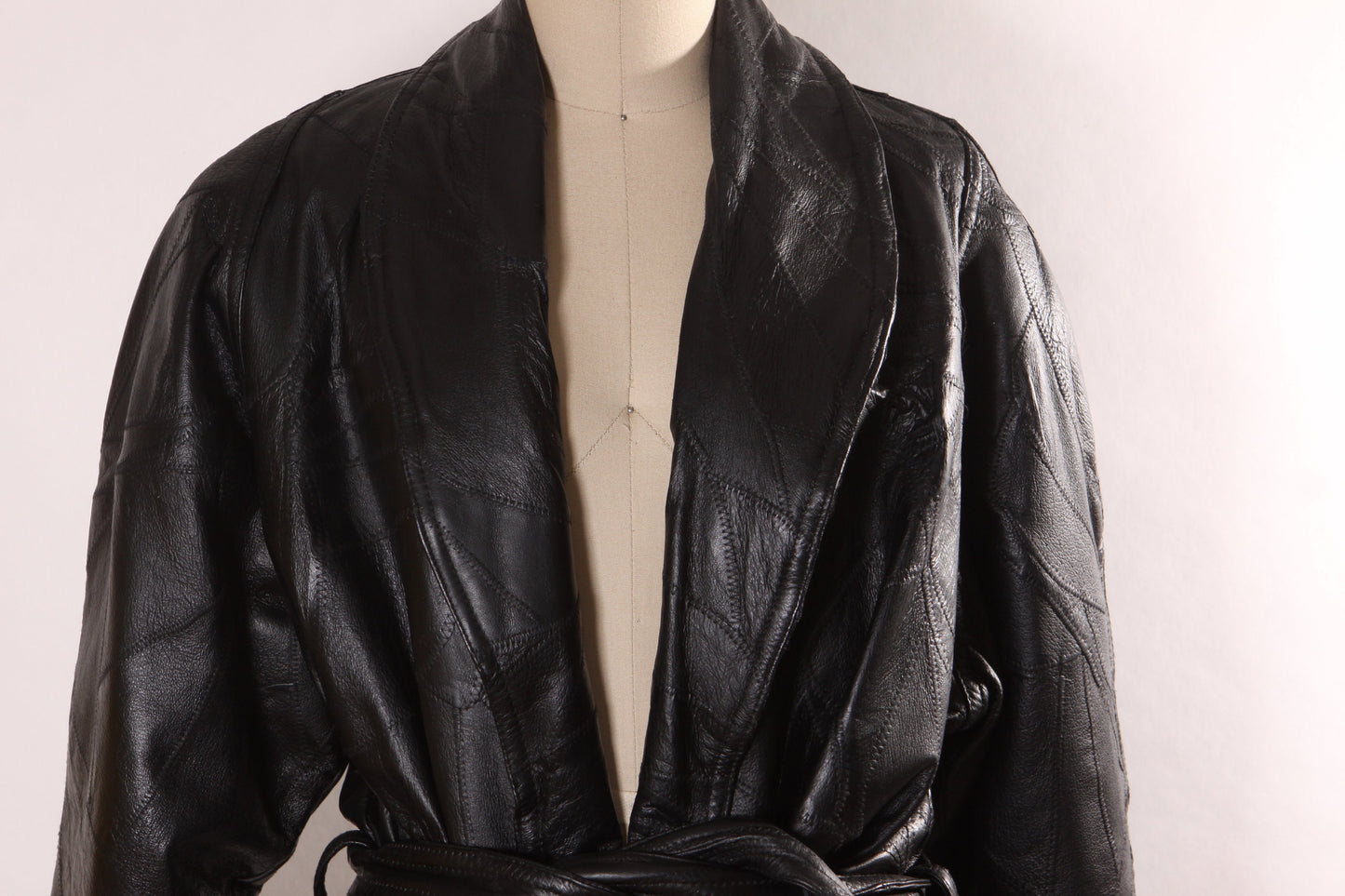 1980s Black Leather Patchwork Long Sleeve Plus Size Belted Coat -XXL