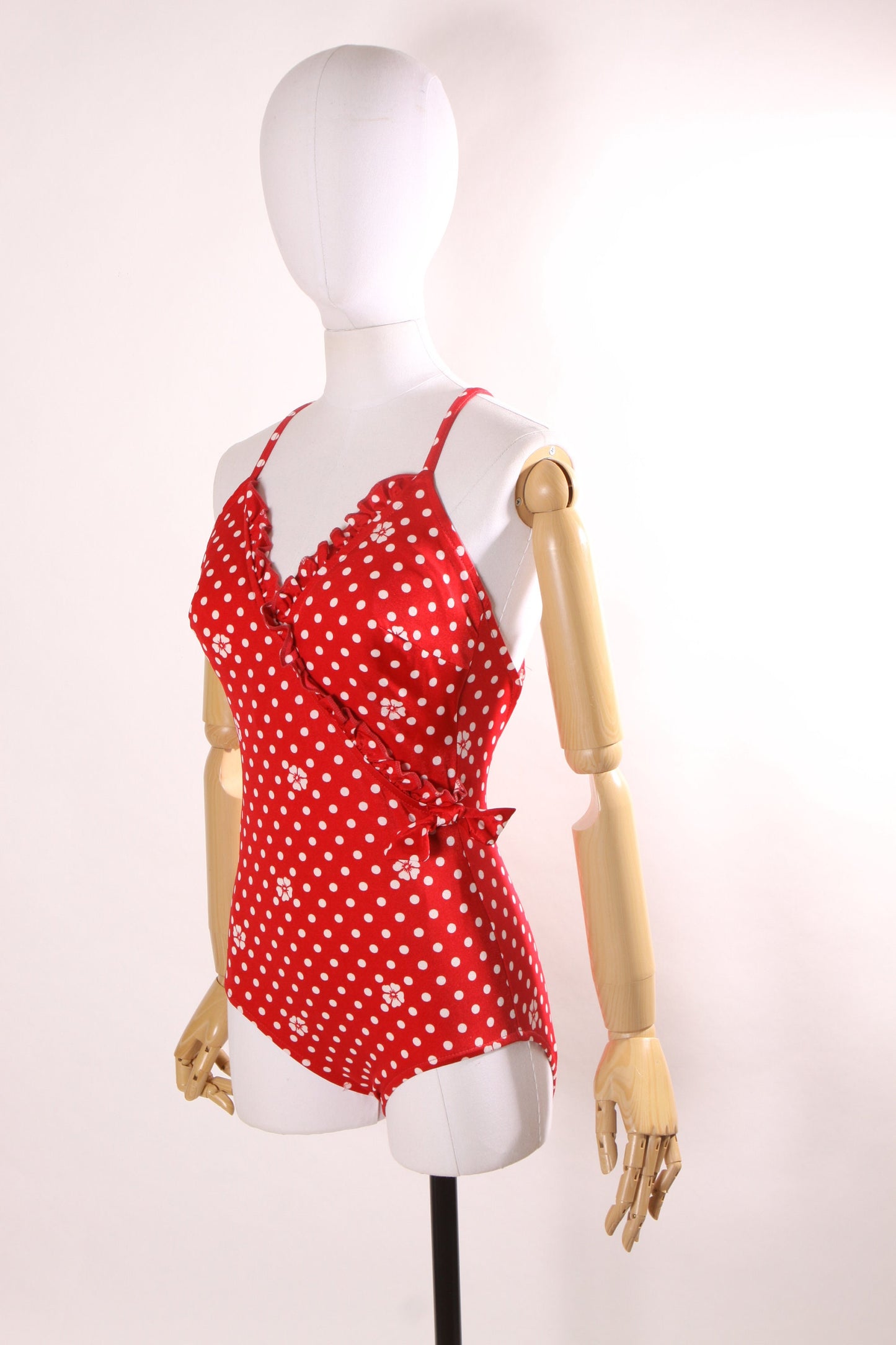 1970s Red and White Floral Criss Cross Back Polka Dot Ruffle One Piece Swimsuit by JCPenney -S