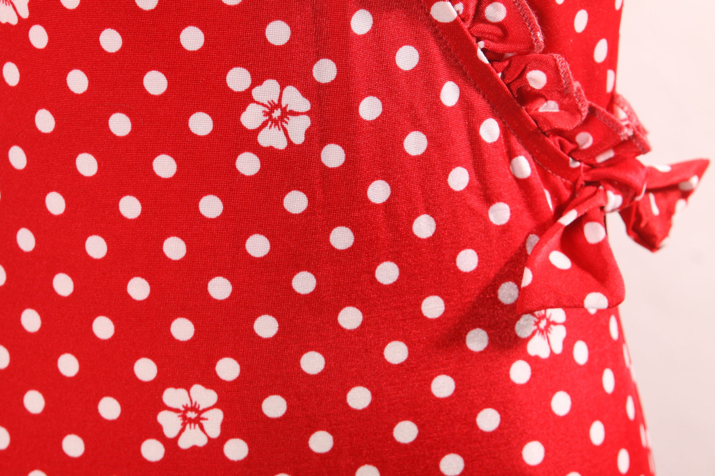 1970s Red and White Floral Criss Cross Back Polka Dot Ruffle One Piece Swimsuit by JCPenney -S