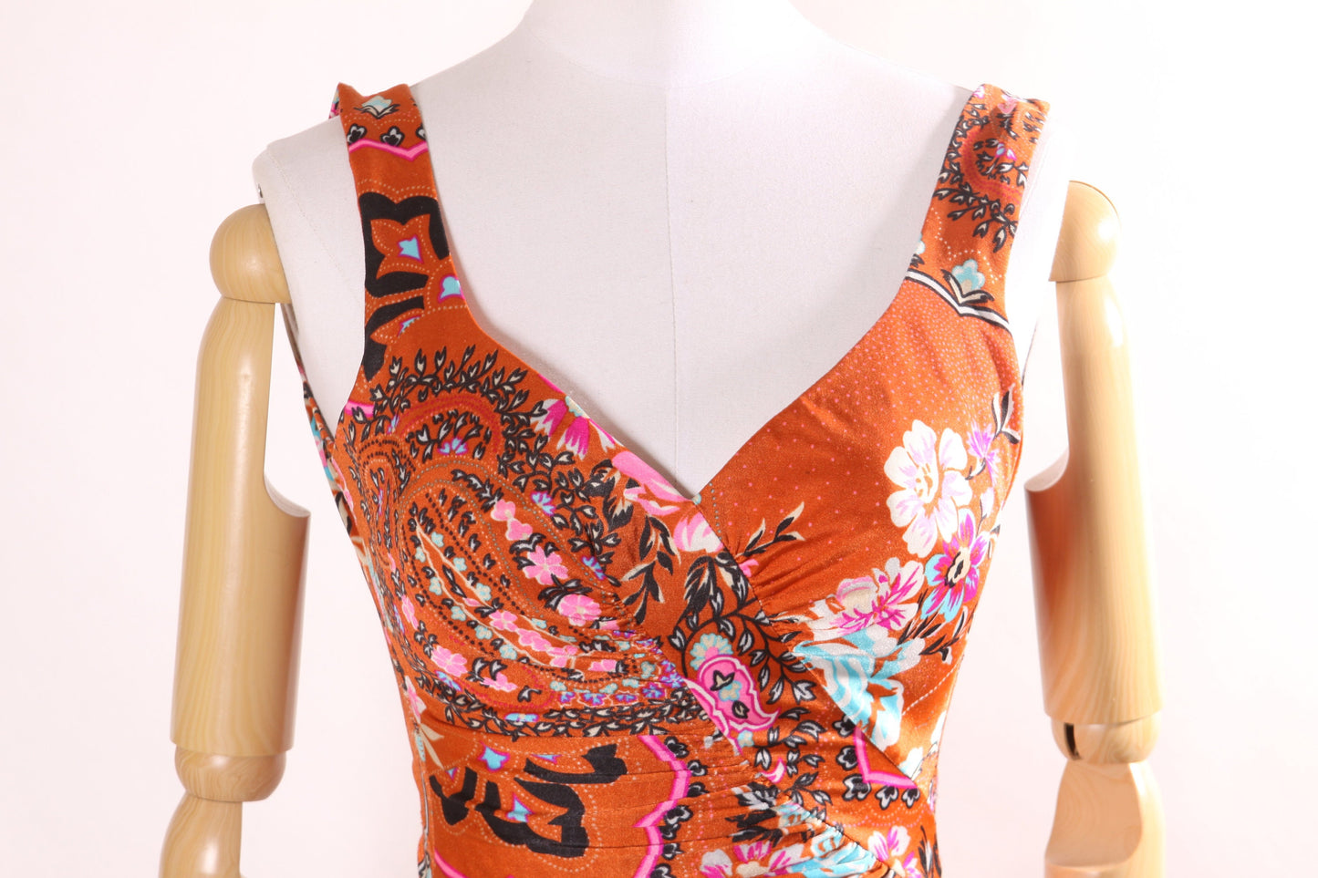 1970s Rust Brown and Pink Multi-Colored Floral One Piecd Swimsuit by Sirena -S