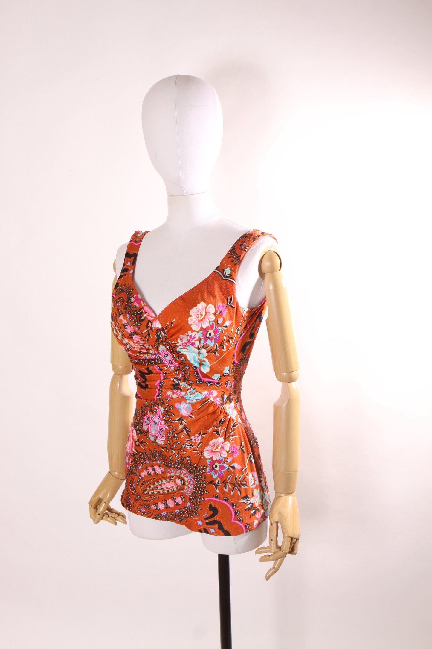 1970s Rust Brown and Pink Multi-Colored Floral One Piecd Swimsuit by Sirena -S