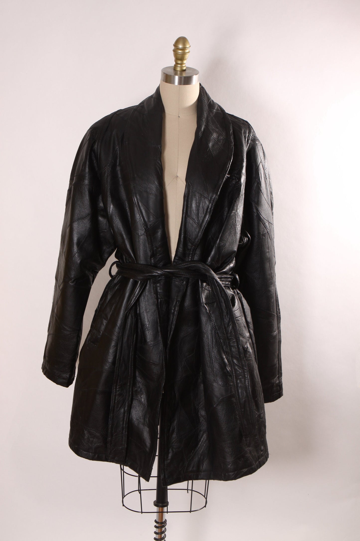 1980s Black Leather Patchwork Long Sleeve Plus Size Belted Coat -XXL