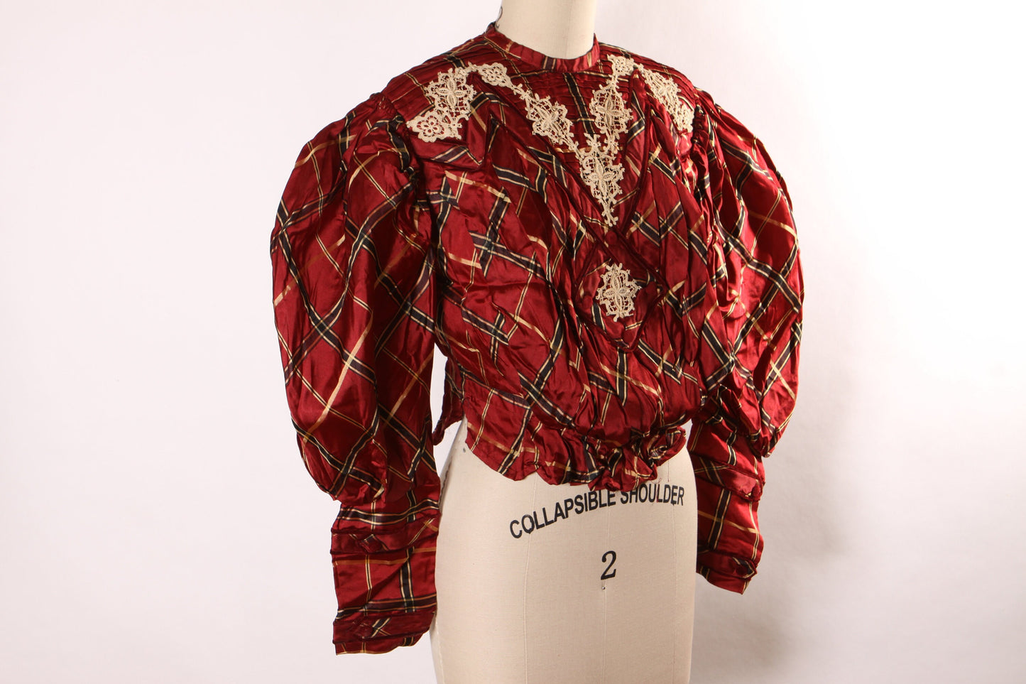 Antique 1800s Red, Black and Tan Black Plaid Tartan Lace Trim Mutton Long Sleeve Blouse -S