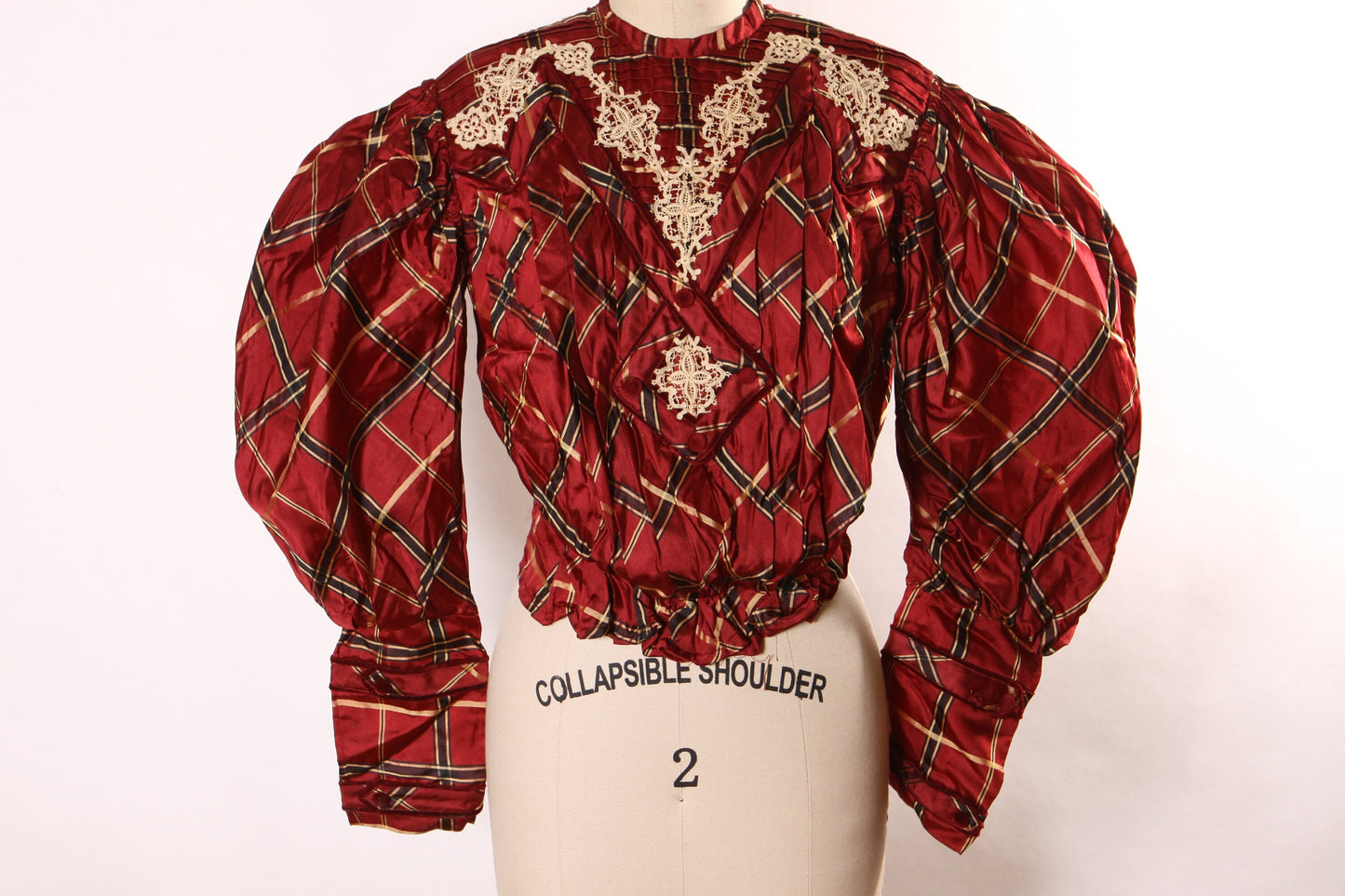 Antique 1800s Red, Black and Tan Black Plaid Tartan Lace Trim Mutton Long Sleeve Blouse -S