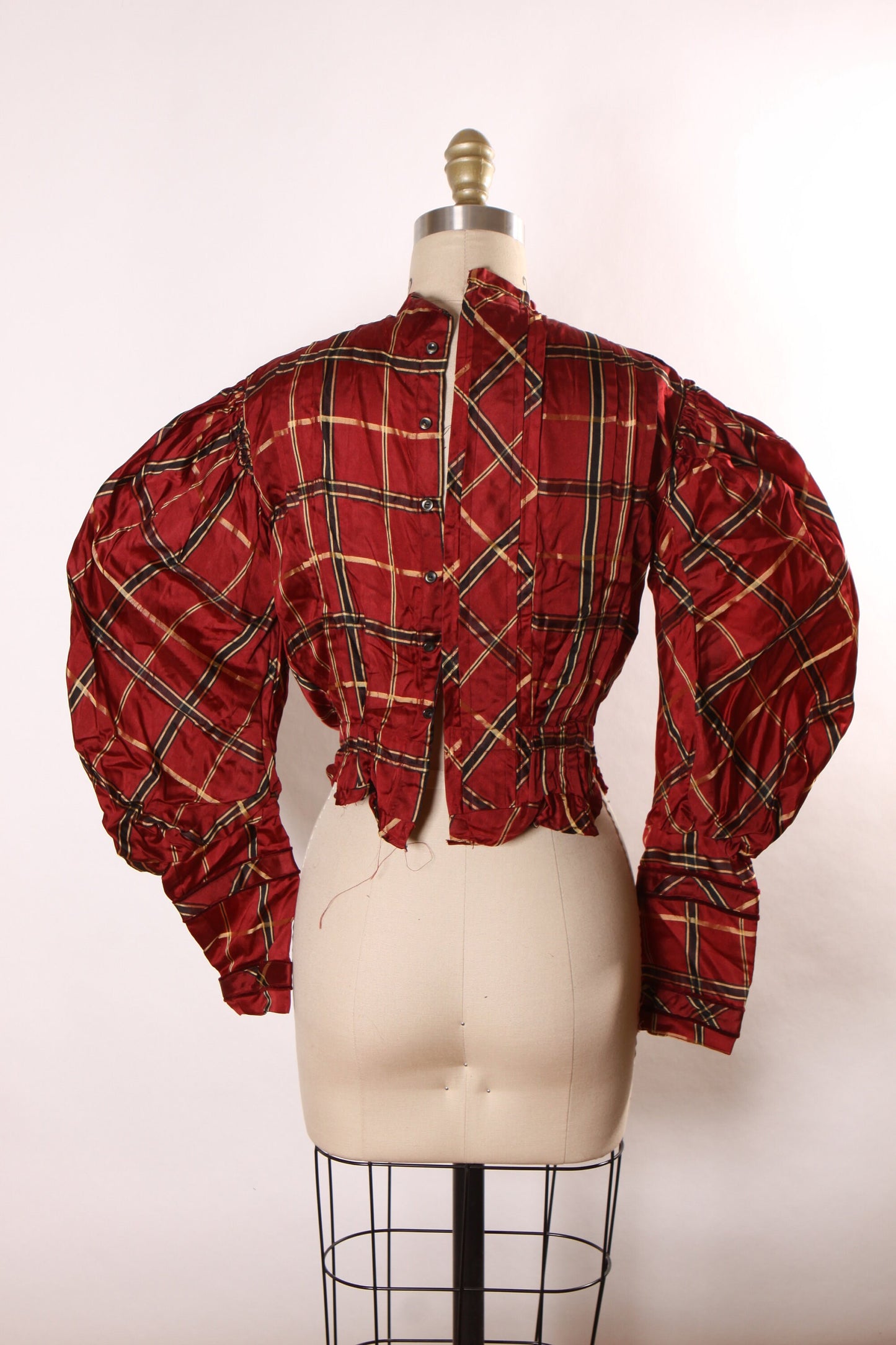 Antique 1800s Red, Black and Tan Black Plaid Tartan Lace Trim Mutton Long Sleeve Blouse -S