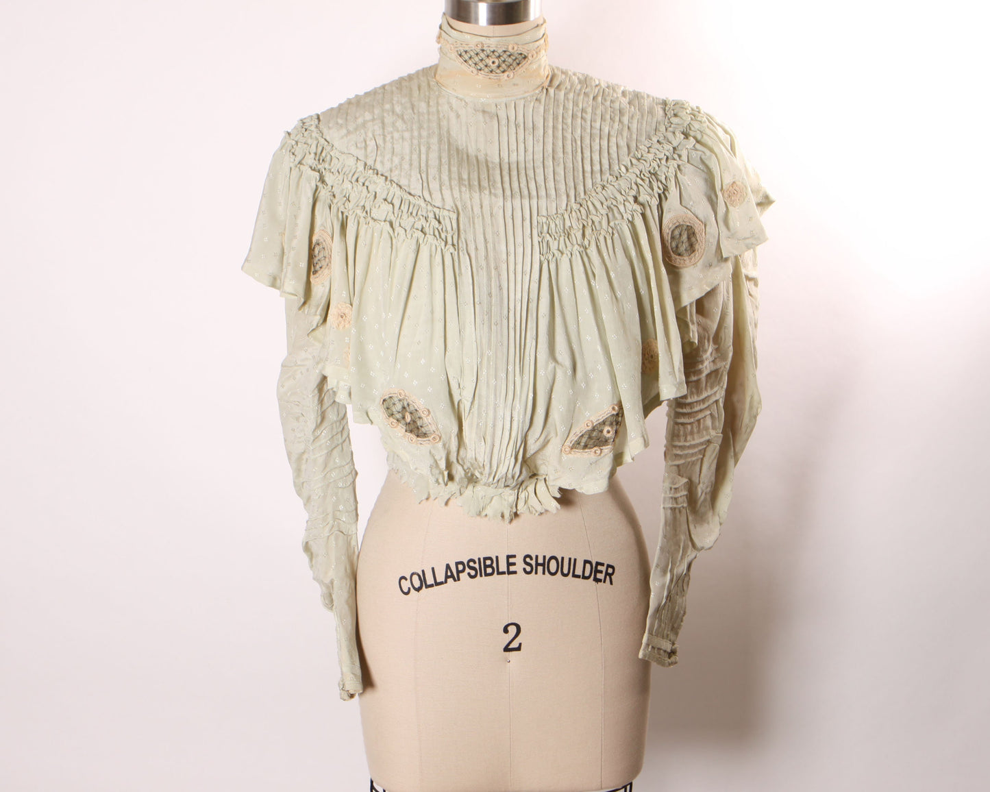 Antique 1800s Victorian Pale Blue, Cream and Black Long Sleeve Ruffle with Removable High Neck Collar Blouse