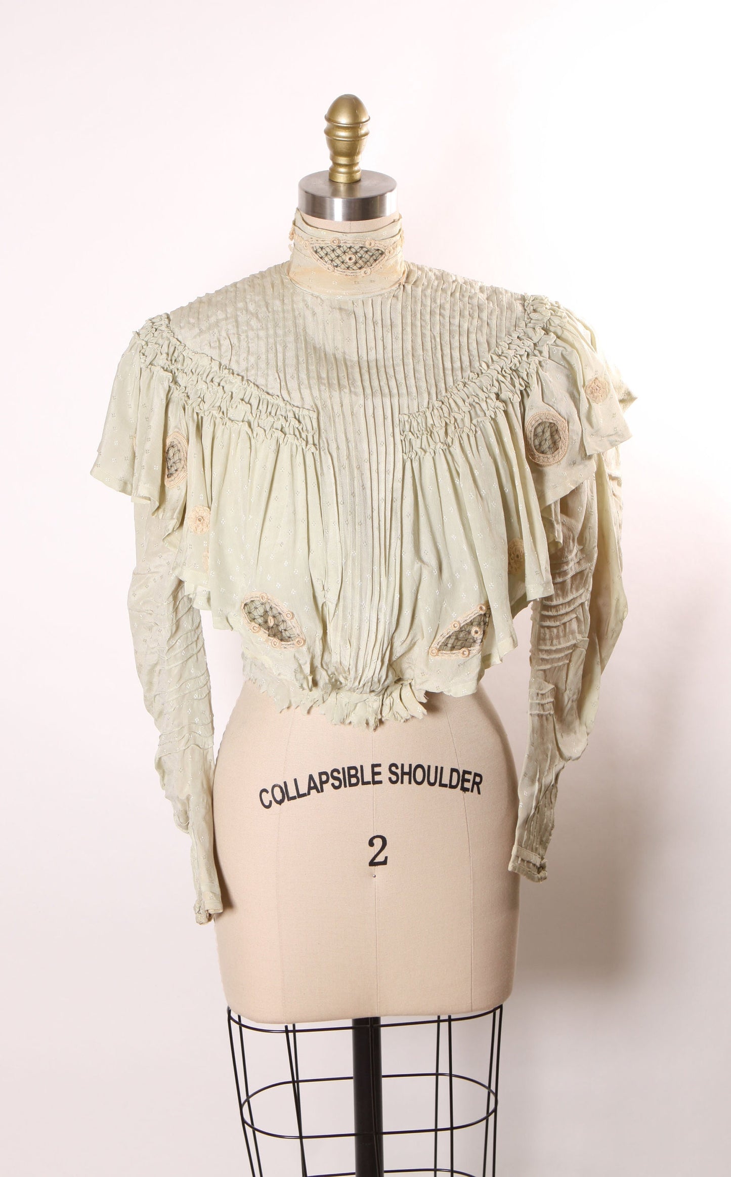 Antique 1800s Victorian Pale Blue, Cream and Black Long Sleeve Ruffle with Removable High Neck Collar Blouse